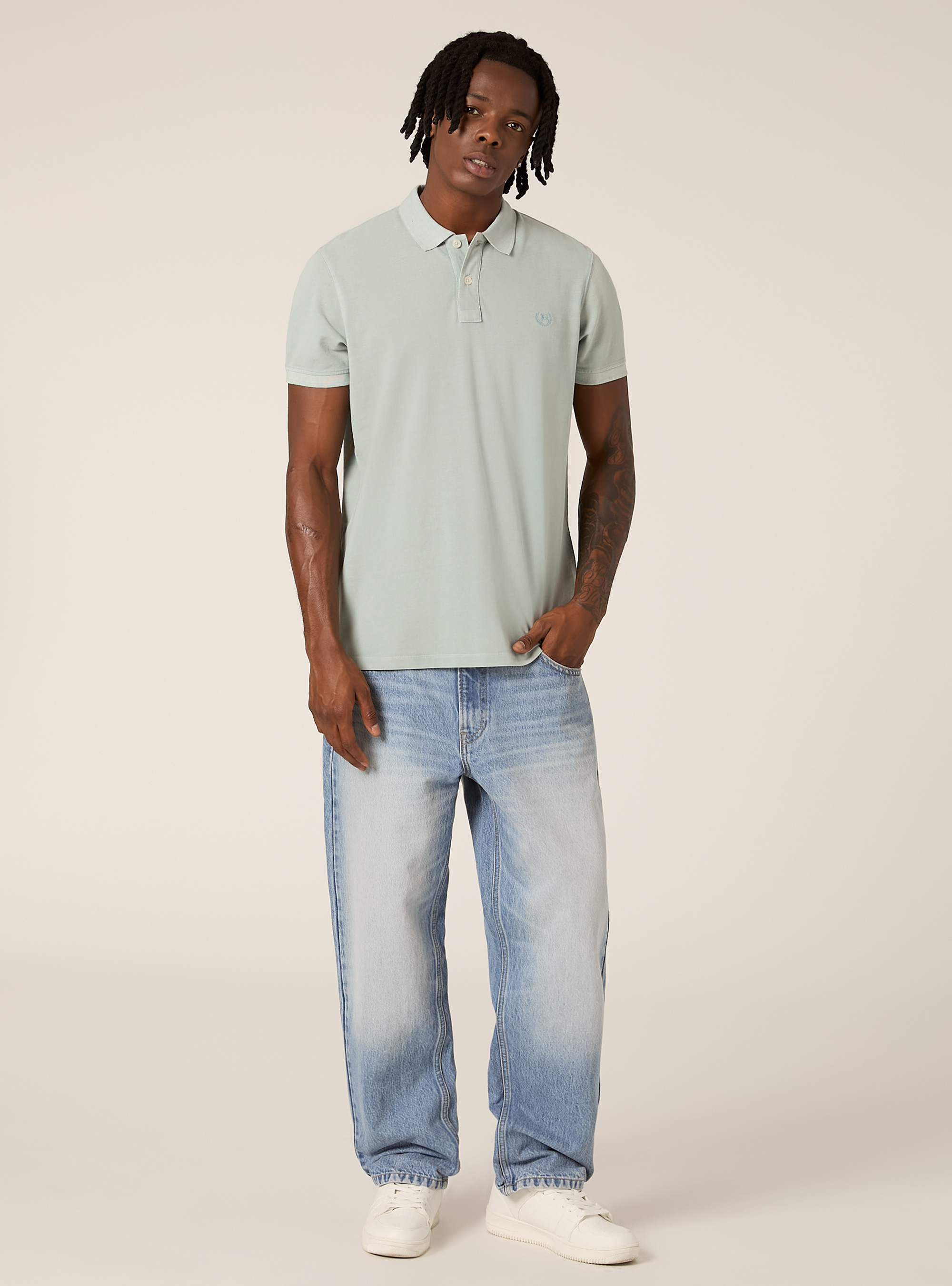 Cotton piqu&eacute; polo shirt with embroidery, IN3 INDIGO LIGHT