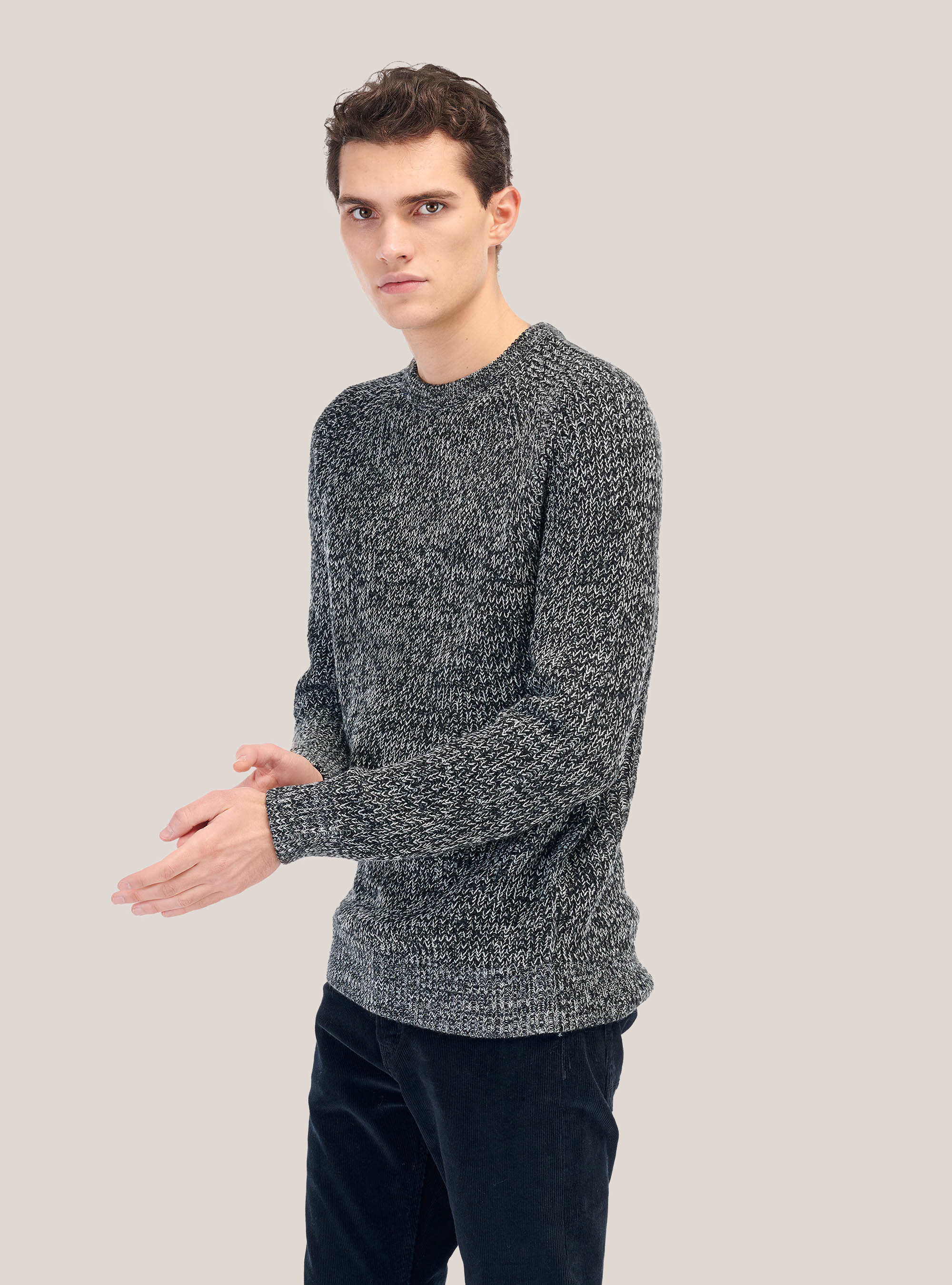 English rib round neck pullover in wool blend, CREAM/BLACK