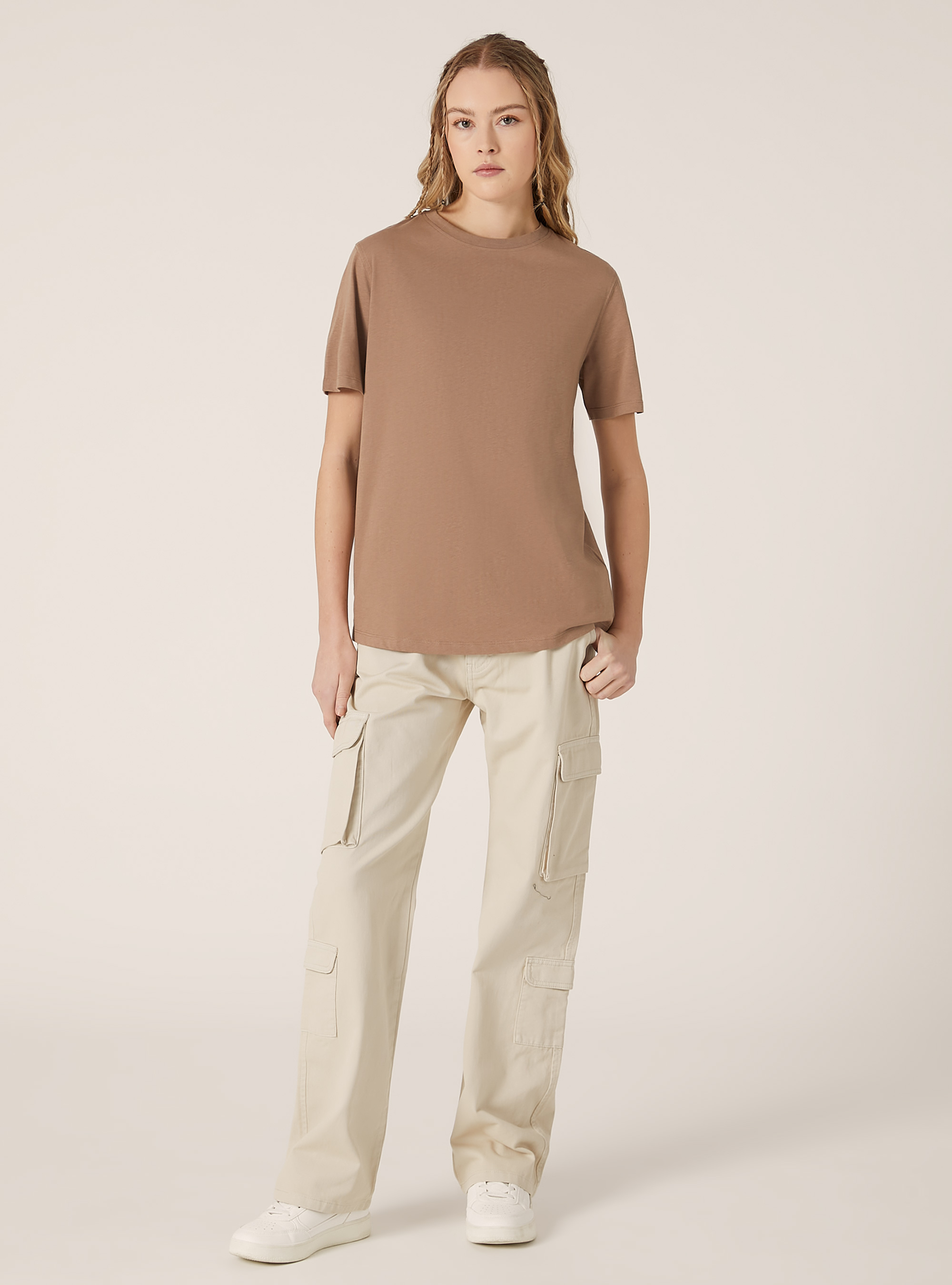 Camiseta de algodón con cuello redondo, BR3 BROWN LIGHT