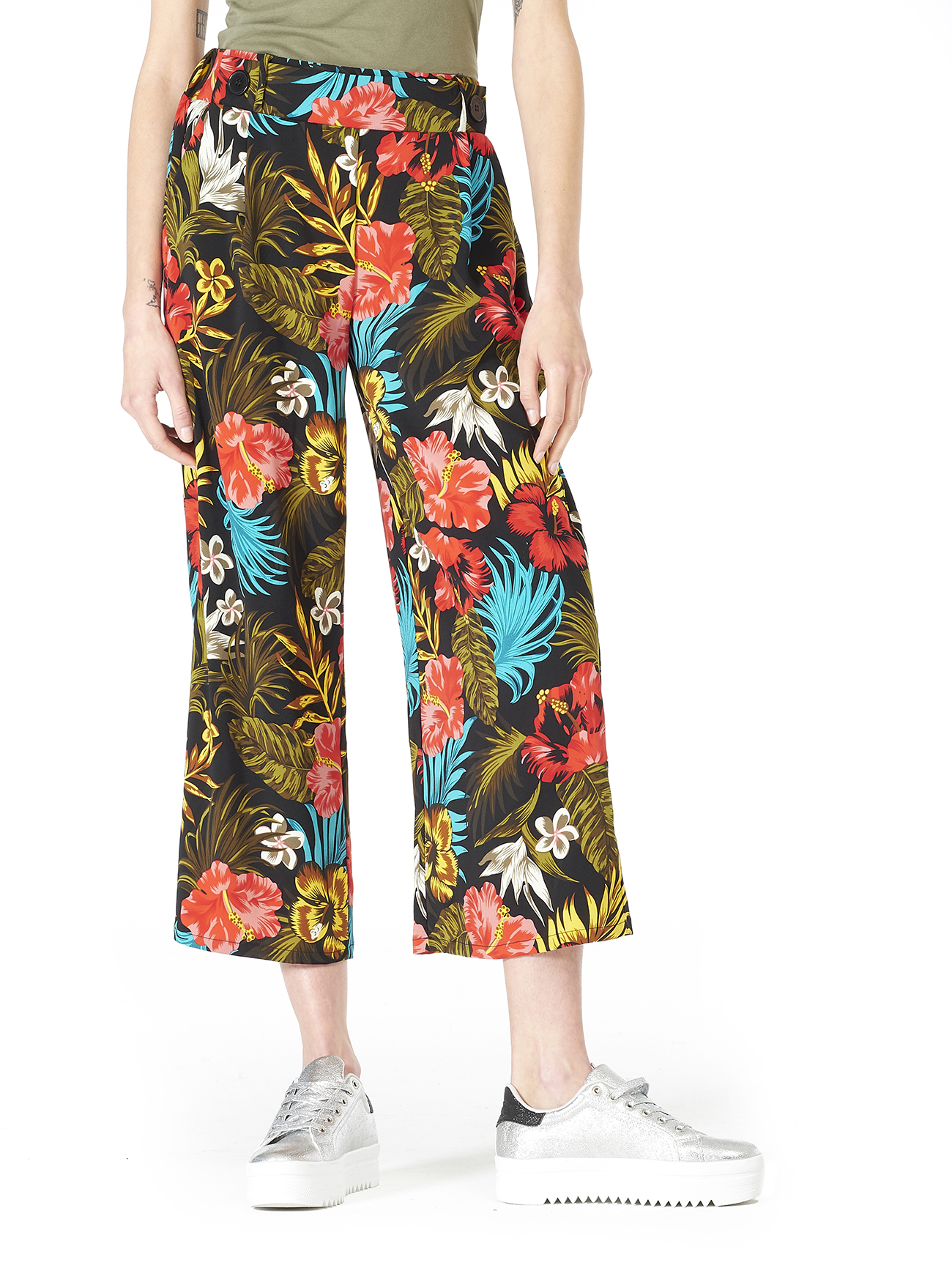 Pantalone gamba ampia vita alta e comfort fit, FL101 FLOWER BLACK