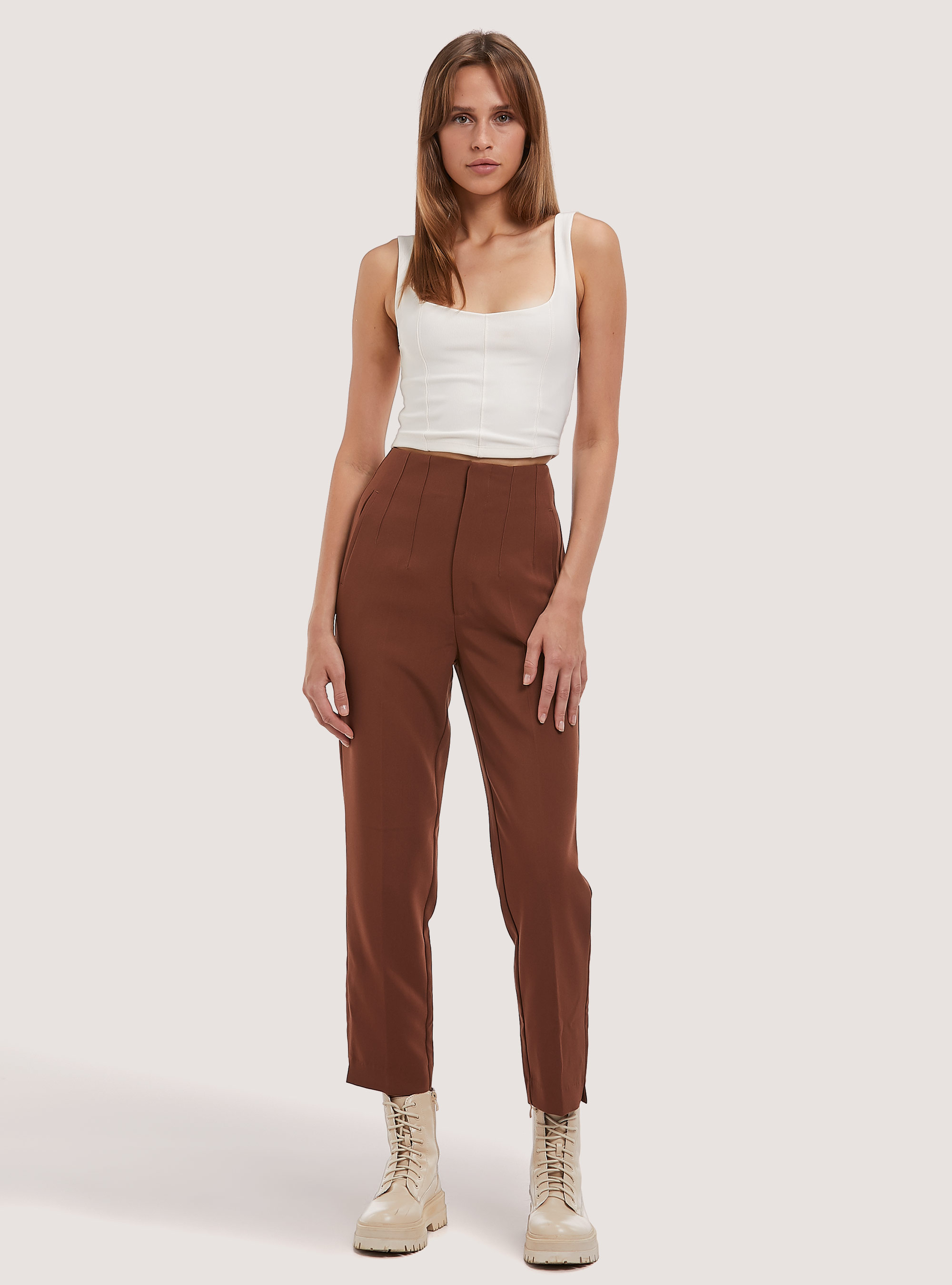 Pantalones de color liso con pinzas, BR2 BROWN MEDIUM