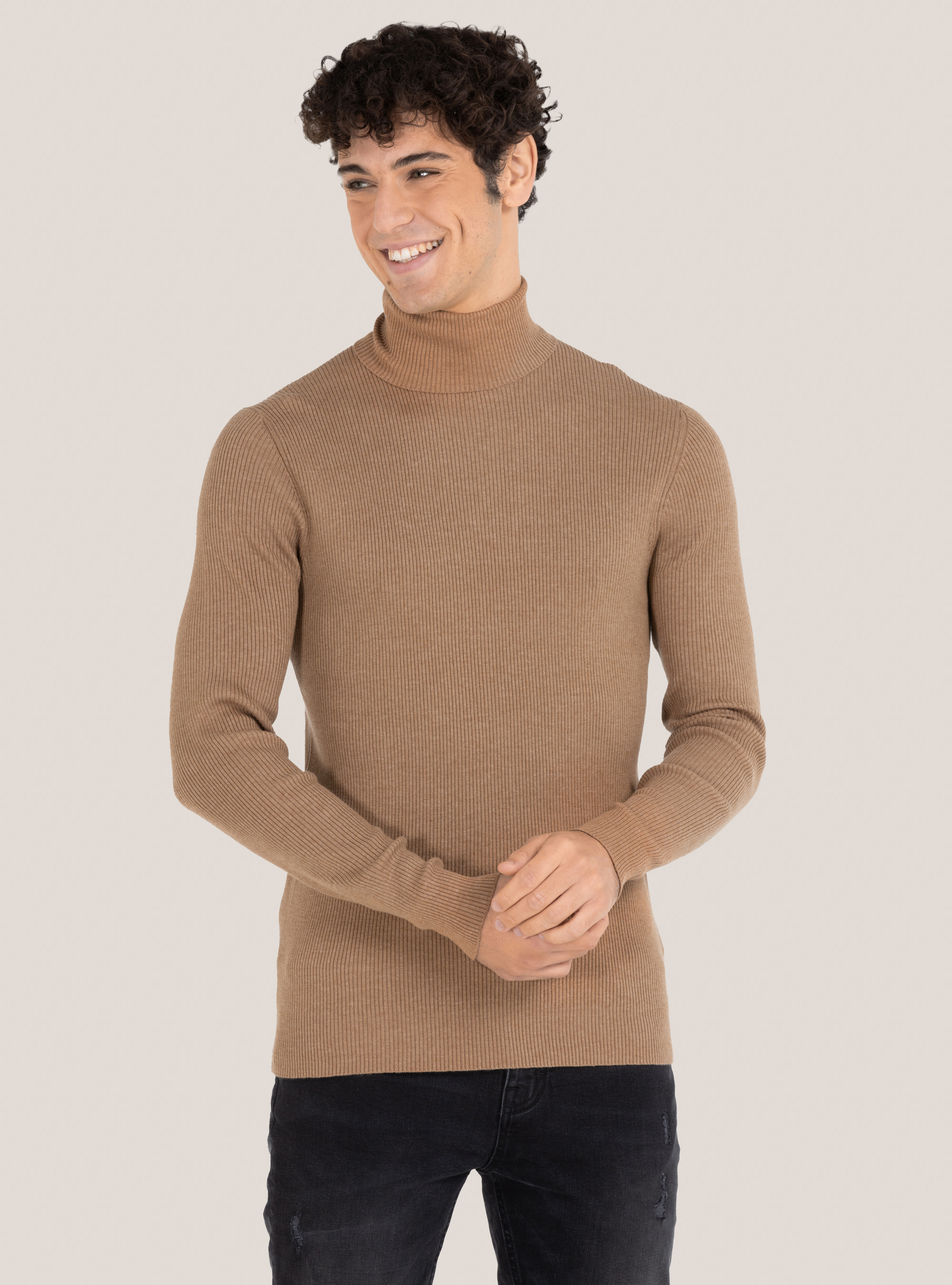 Ribbed turtleneck pullover, BEIGE