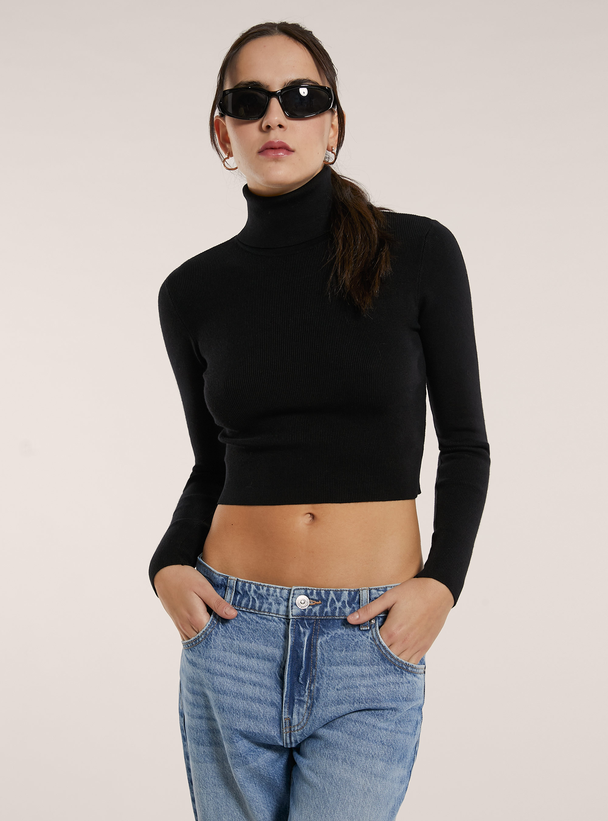 Cropped high-neck pullover, BK1 BLACK