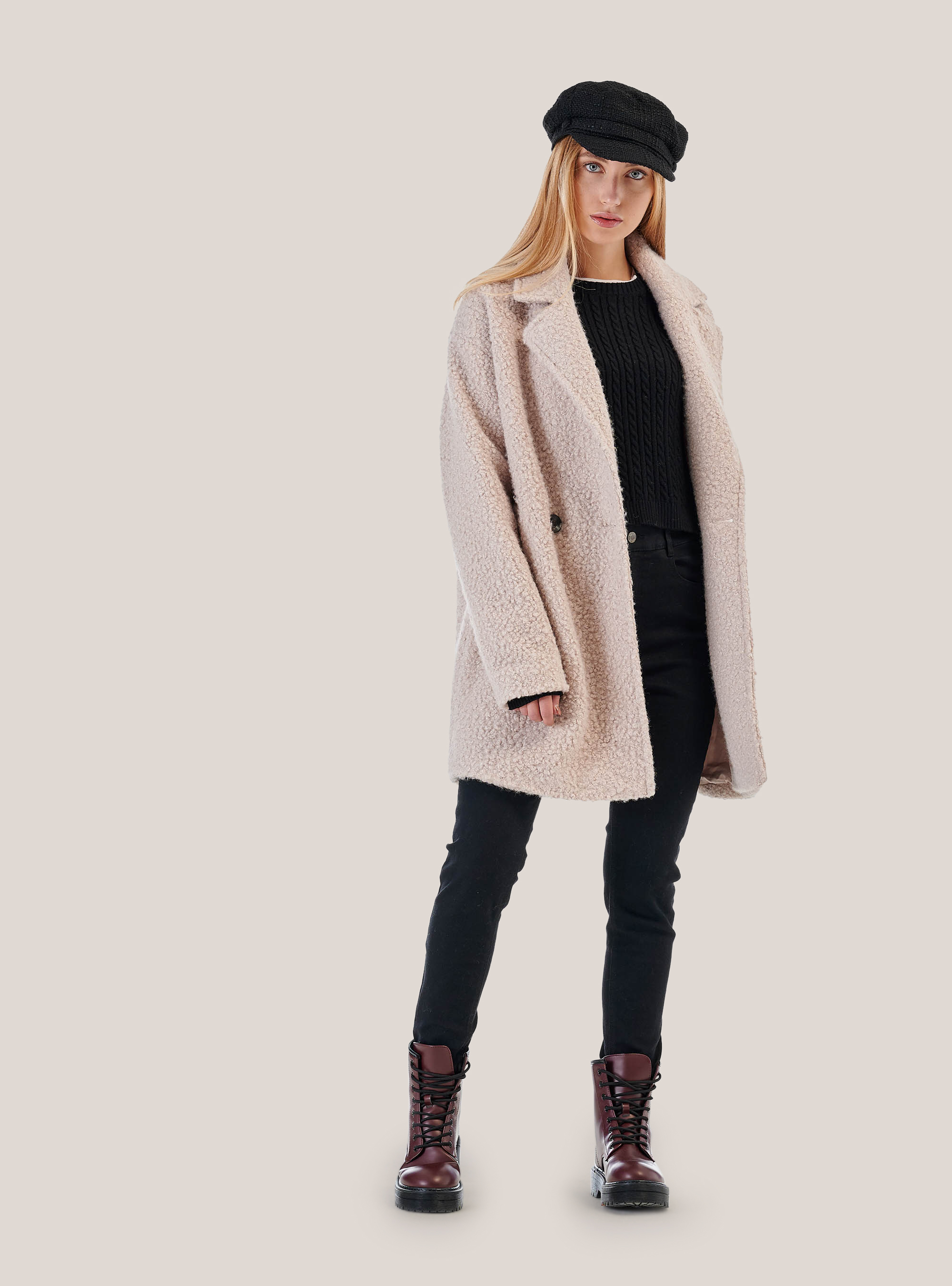 Cappotto doppiopetto effetto montone, BIANCO