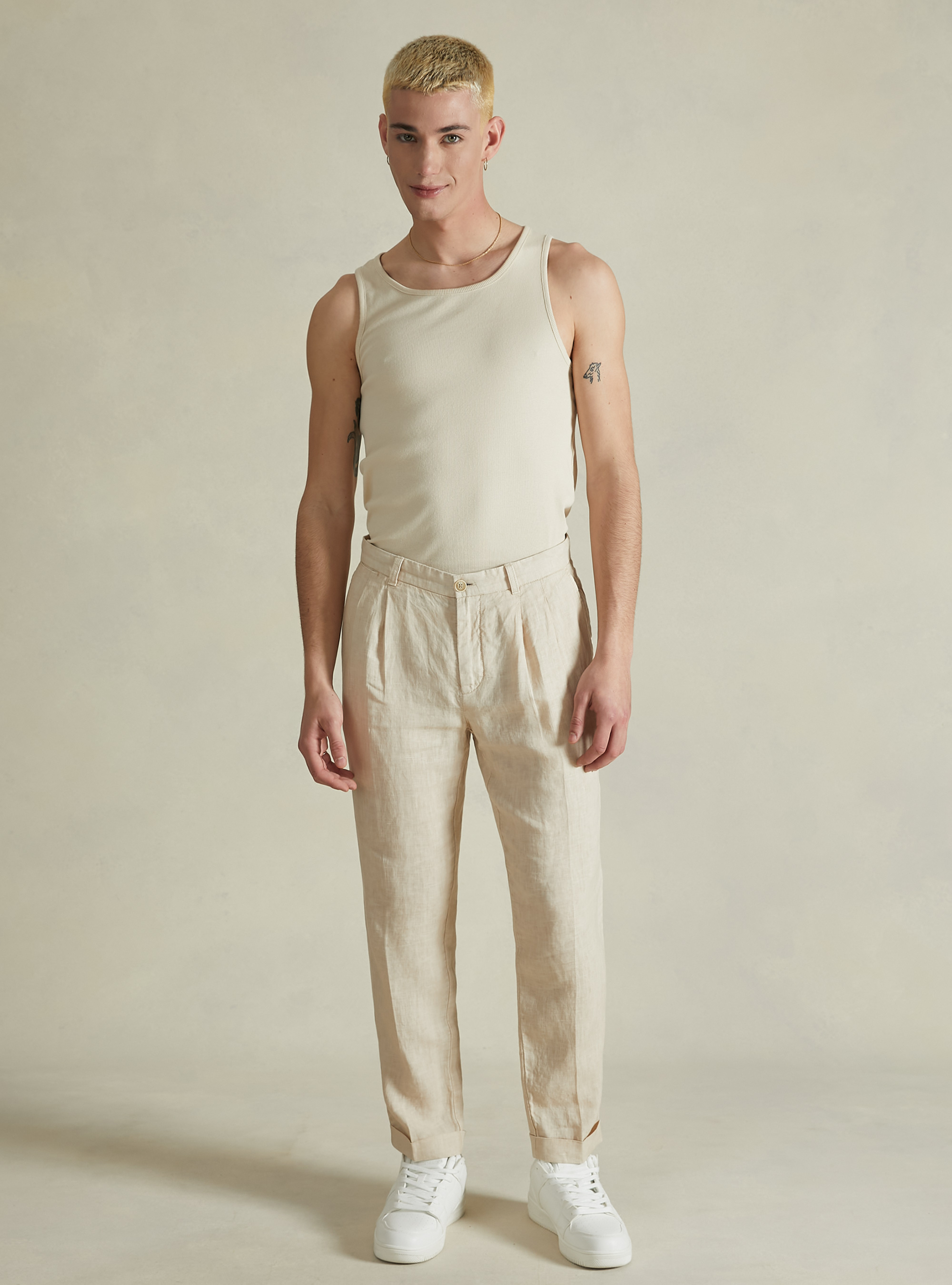 Hose aus reinem Leinen mit Bundfalten, BG3 BEIGE LIGHT