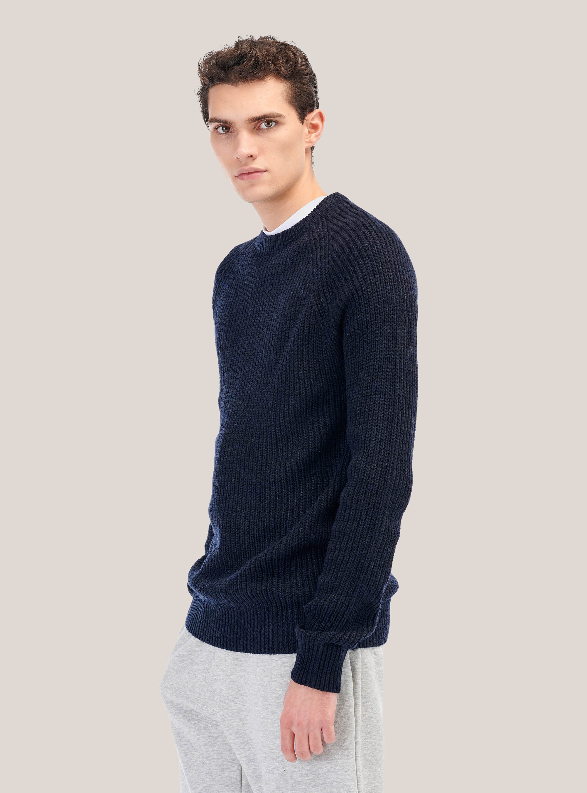 English rib round neck pullover in wool blend, BLUE NAVY