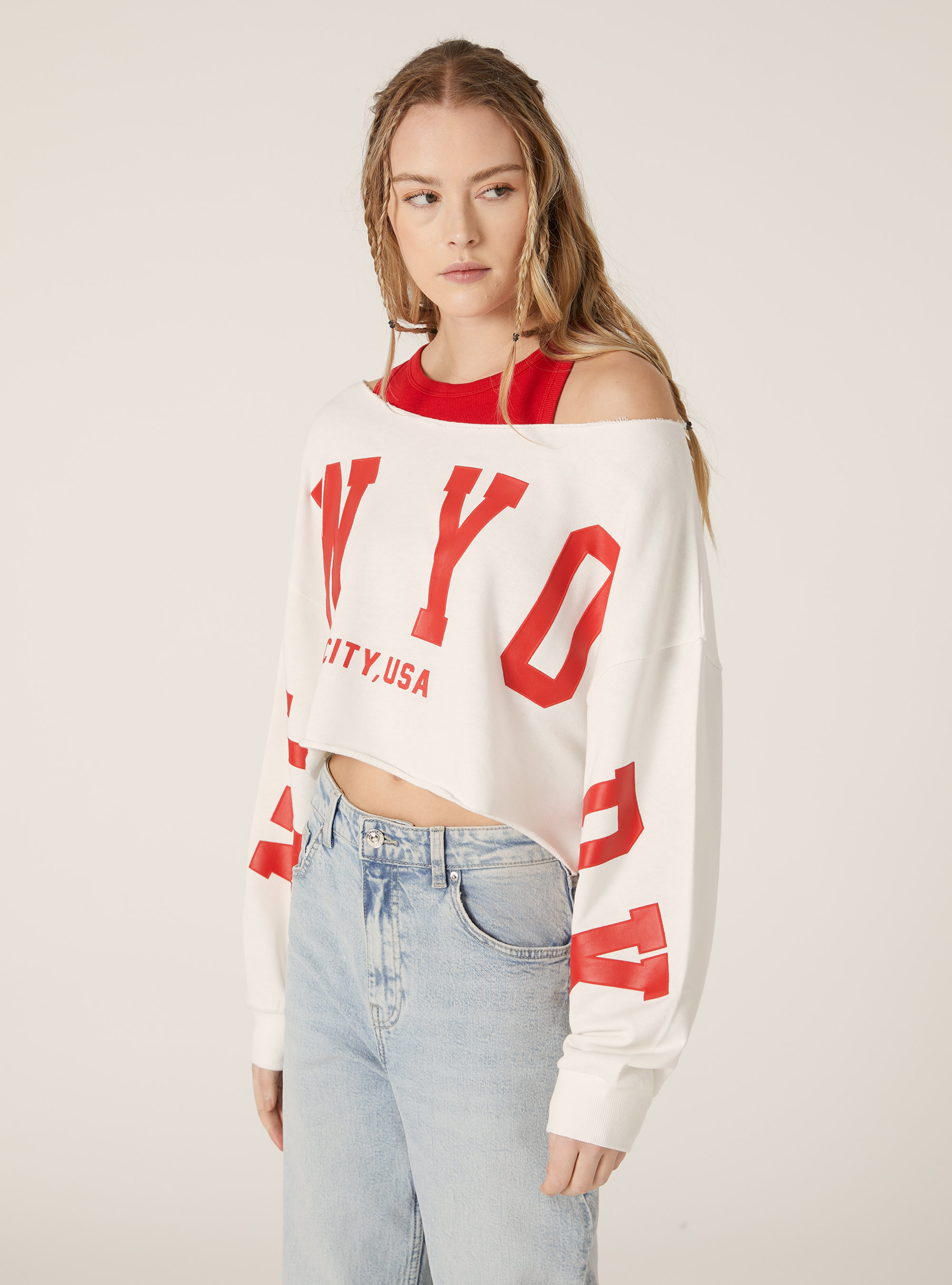 Sudadera corta con hombros descubiertos, WH1 OFF WHITE