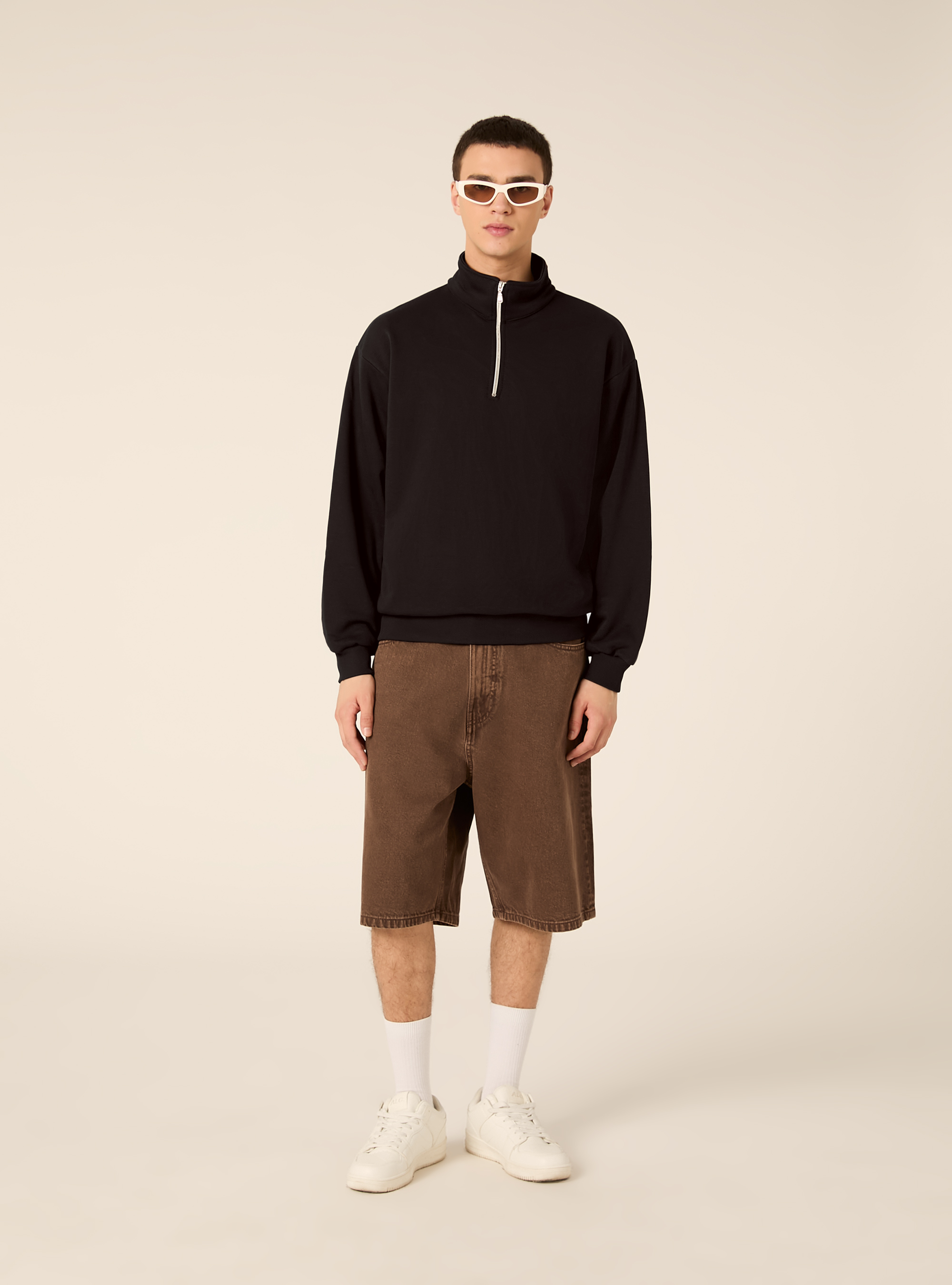 Felpa mezzo collo con zip boxy fit, BK1 BLACK