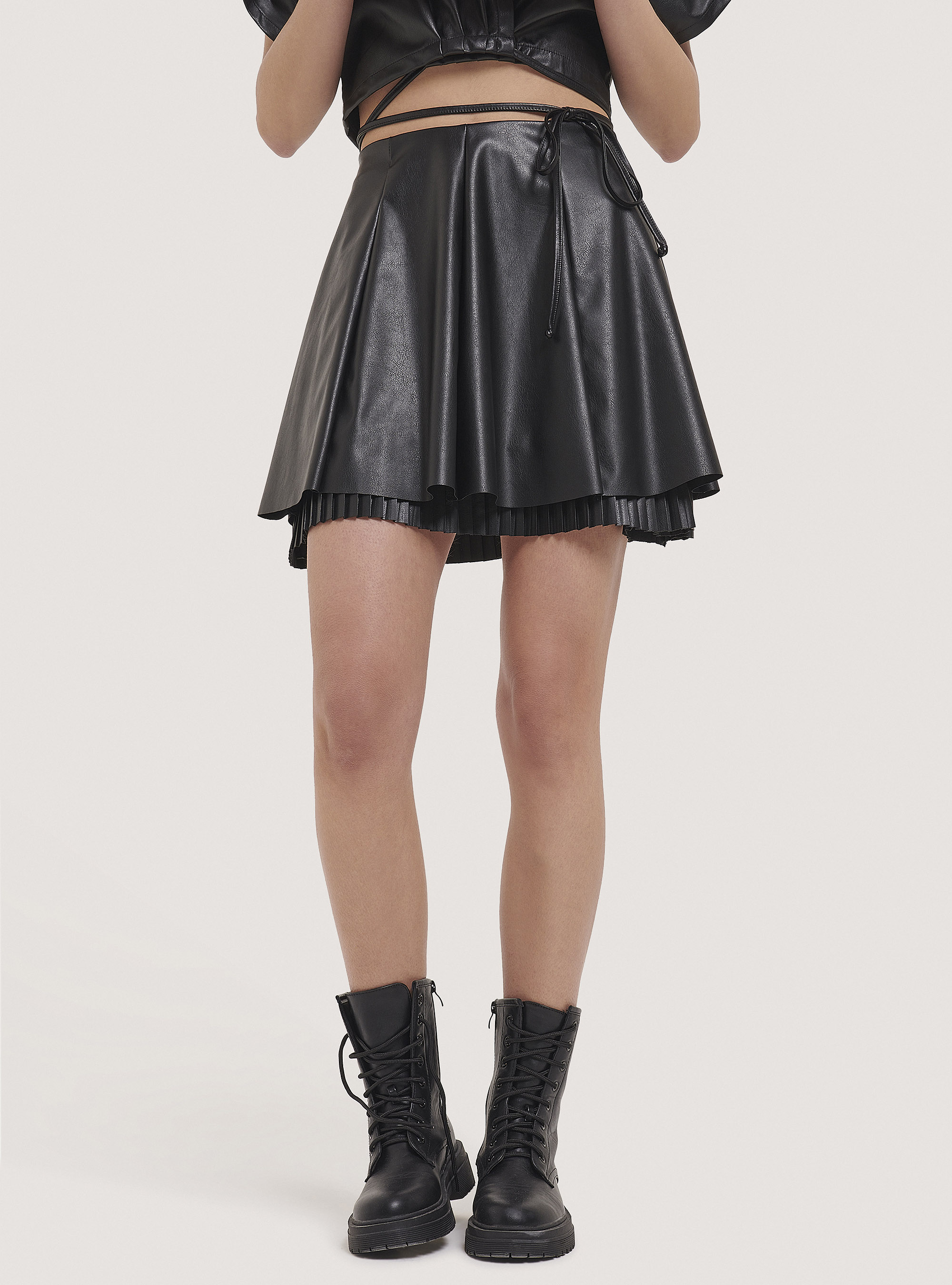 Faux leather skirt with double garment, BLACK