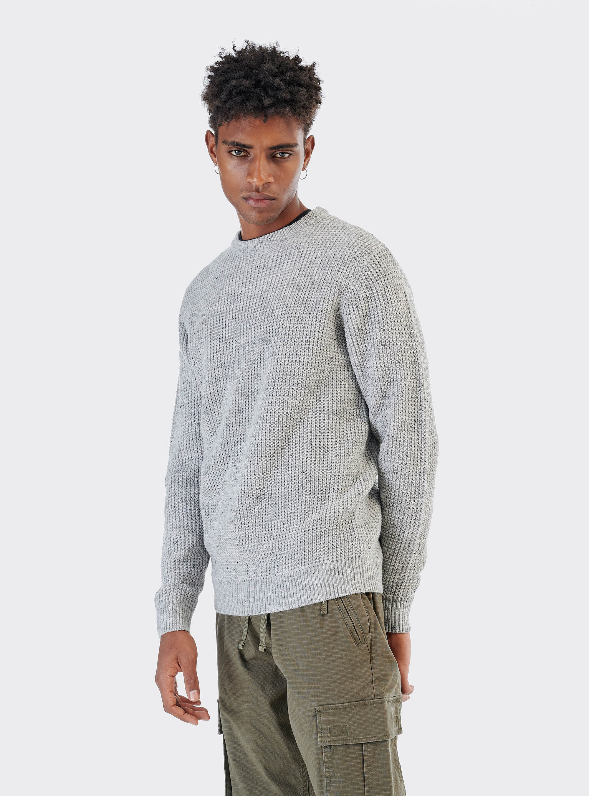 Pullover girocollo con naps in misto lana, GRIGIO MELANGE