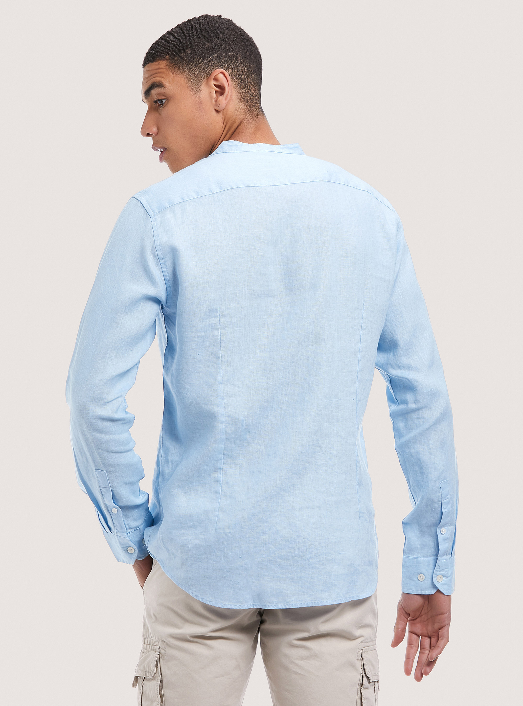 Pure linen shirt with Korean collar, AZURE