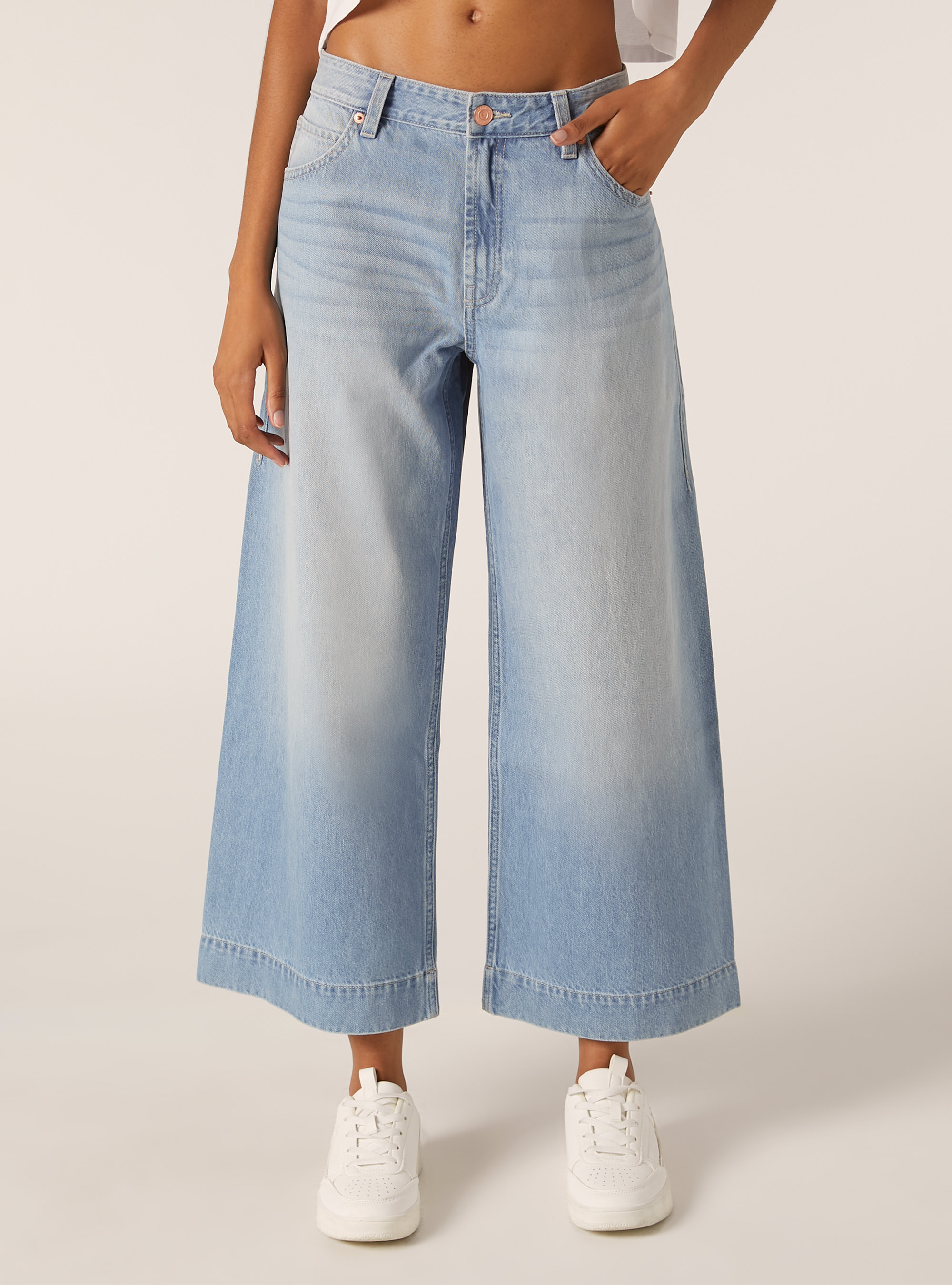 Coloured wide leg cropped jeans, D006 AZURE