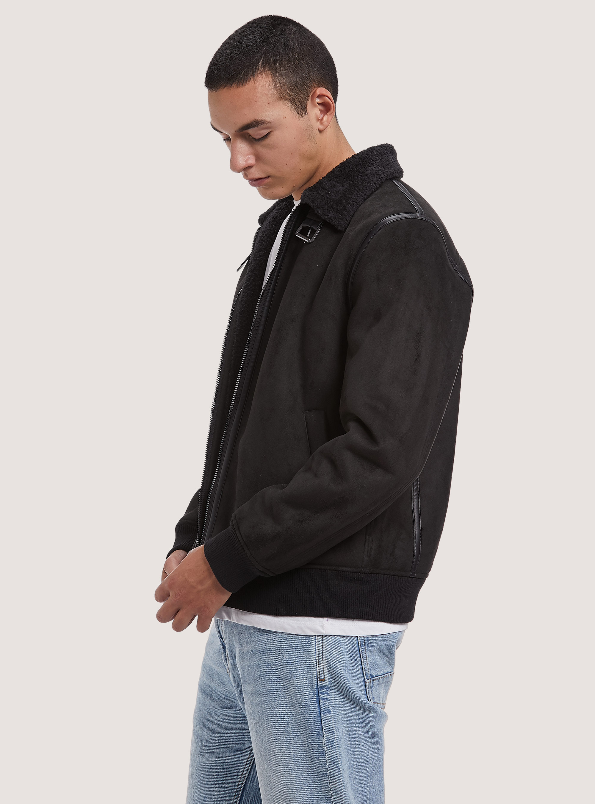 Giubbotto effetto suede con collo agnellato, BK1 BLACK