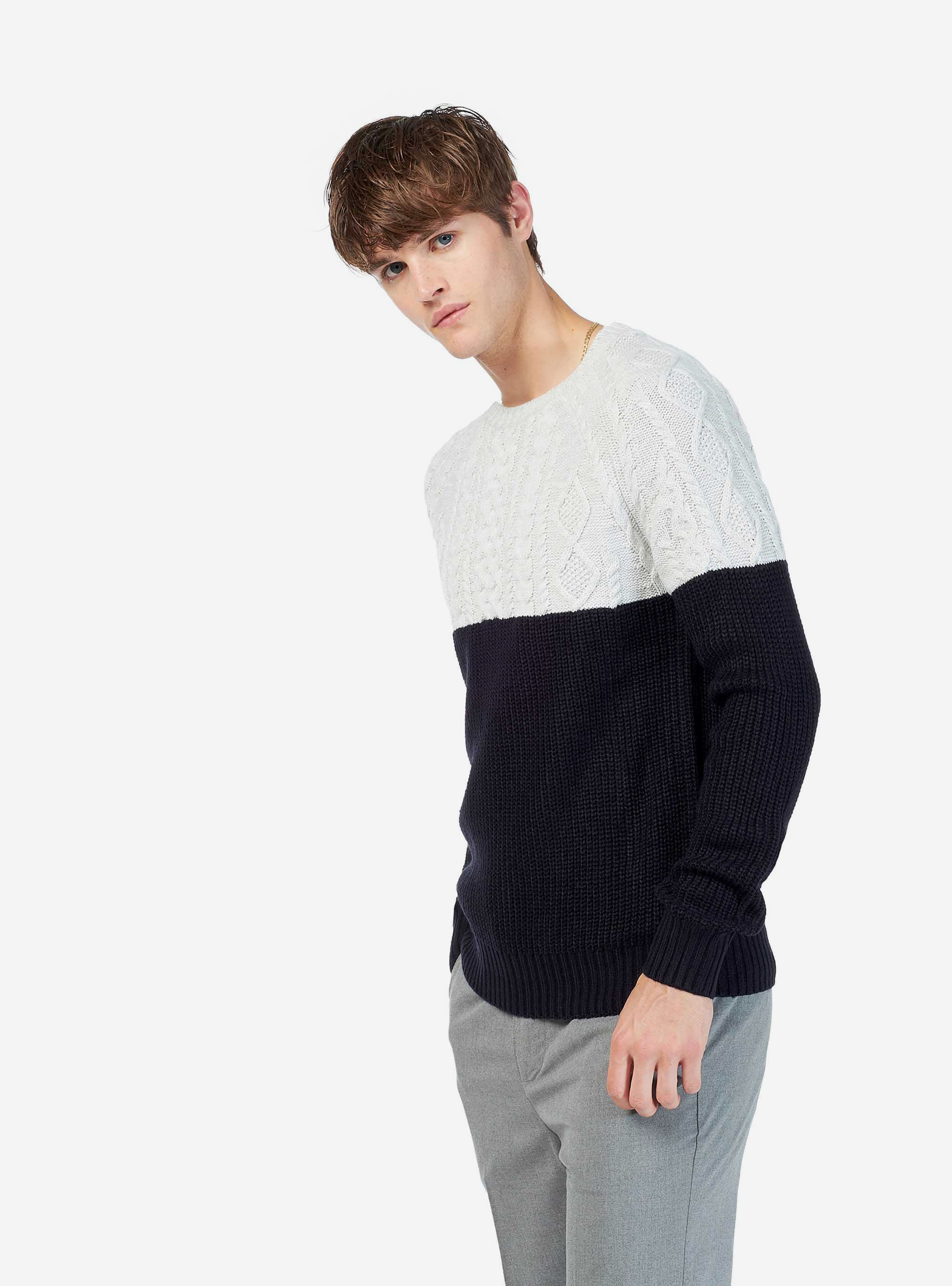 BRAIDED COLOR BLOCK PULLOVER, PEARL