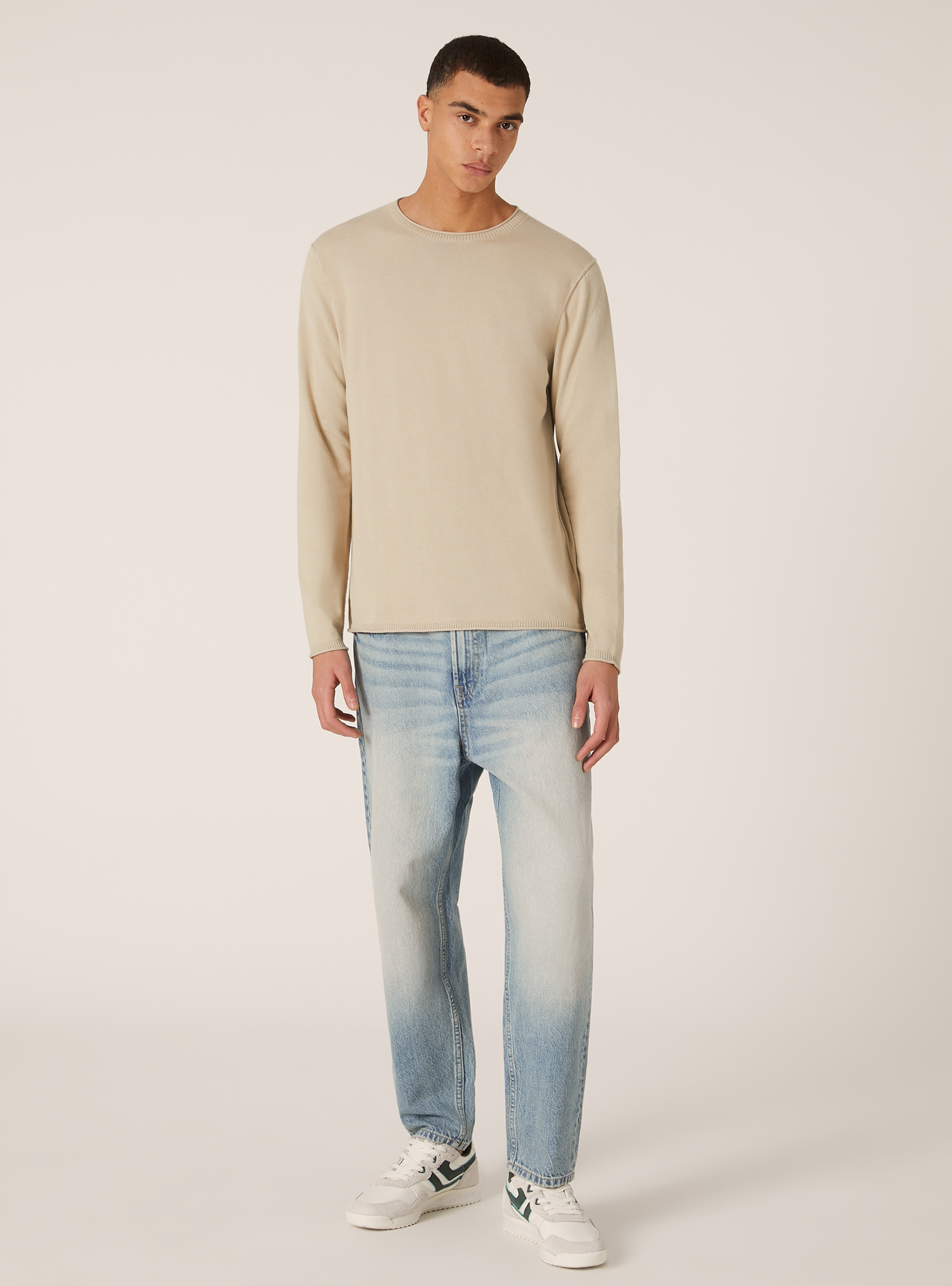 Pull en coton &agrave; col rond, BG3 BEIGE LIGHT