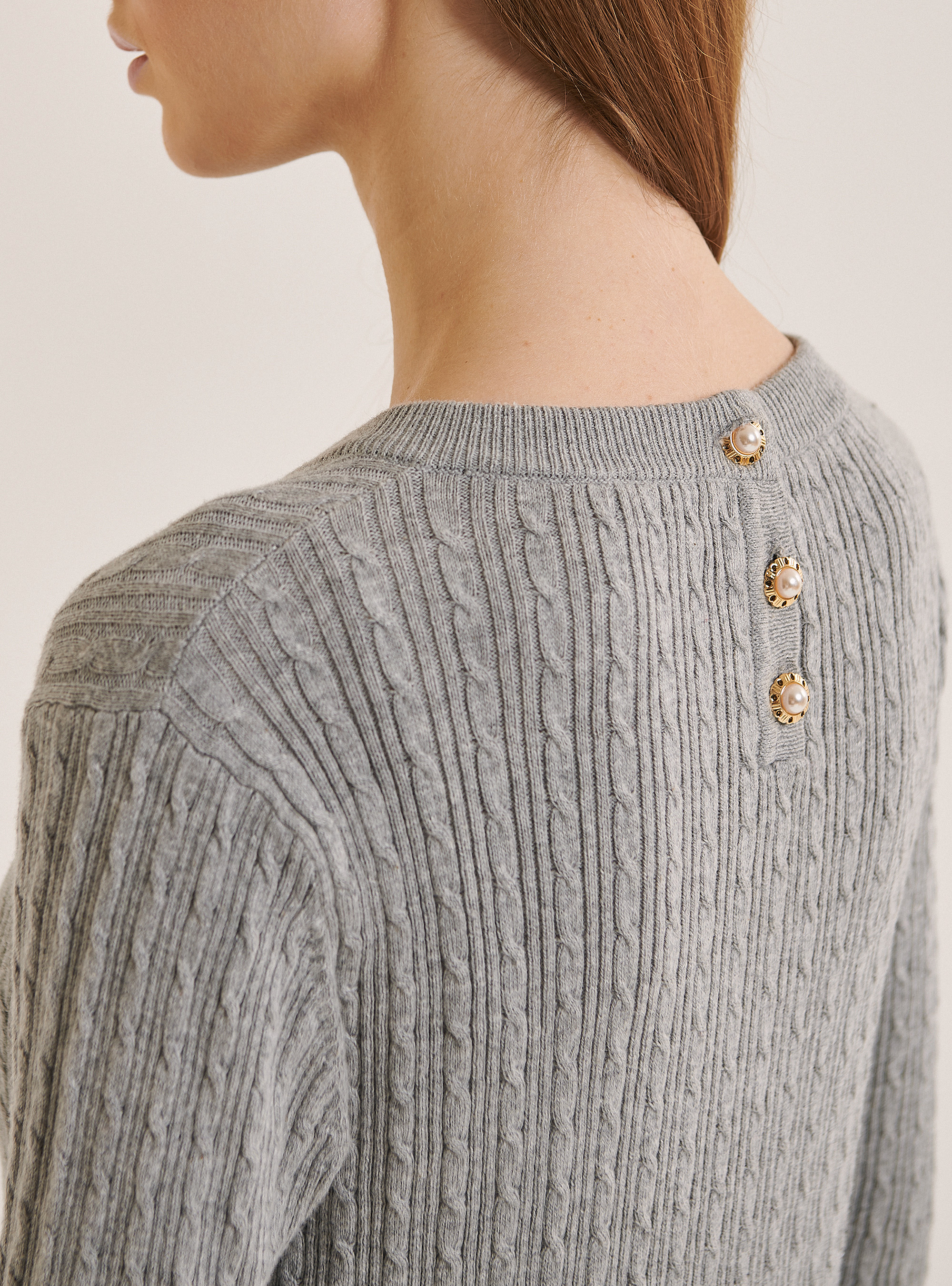 Jersey de cuello redondo con tejido de ochos, GRIS CLARO MELANGE