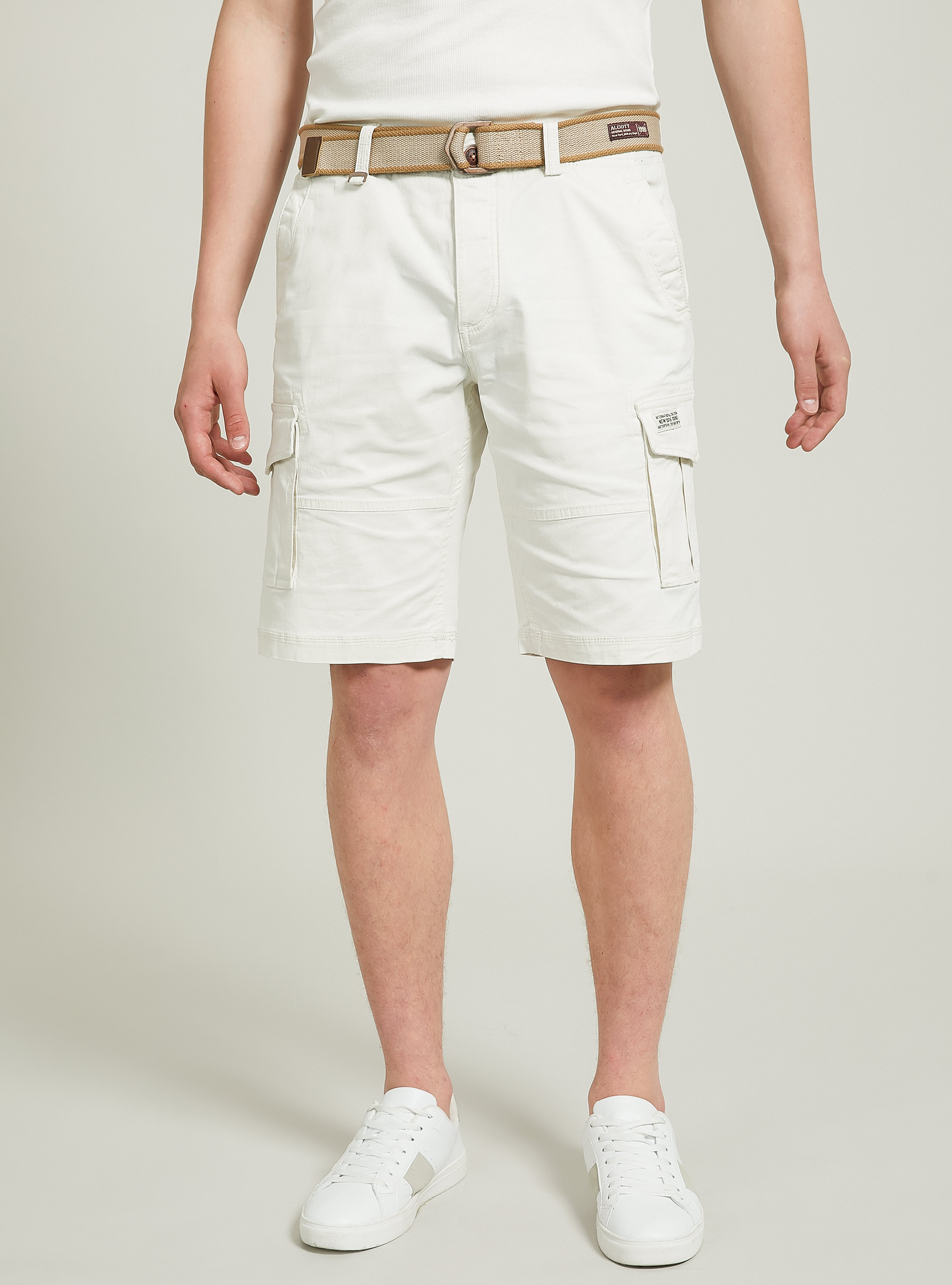 Cotton cargo bermuda with canvas belt, WH1 OFF WHITE