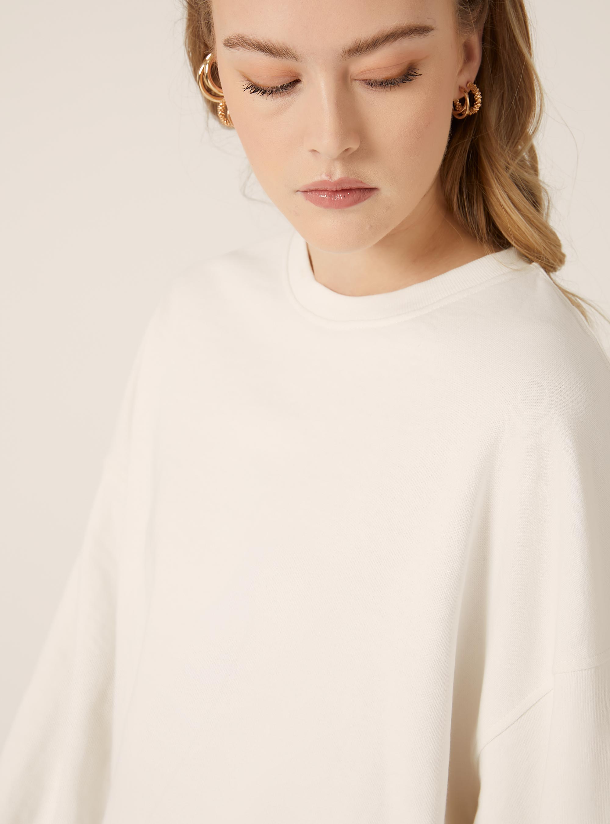 Sudadera de algodón liso con cuello redondo, WH1 OFF WHITE