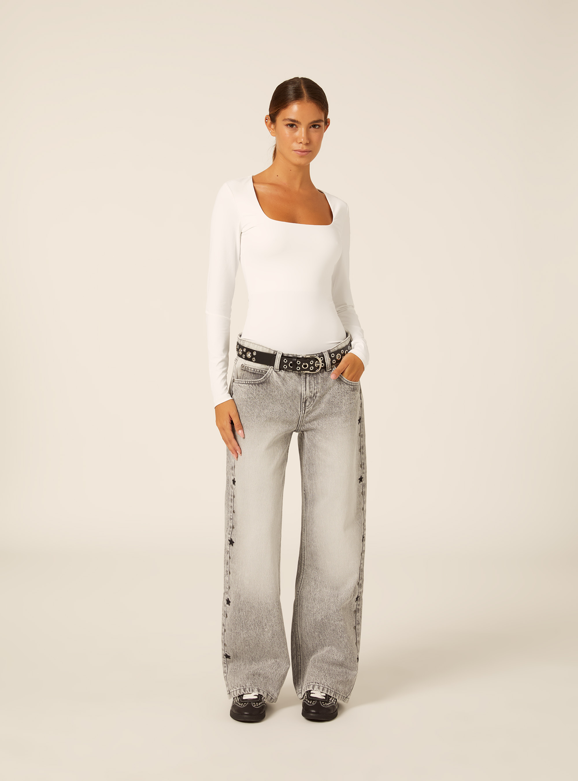 Body de manga larga con escote cuadrado, WH2 WHITE