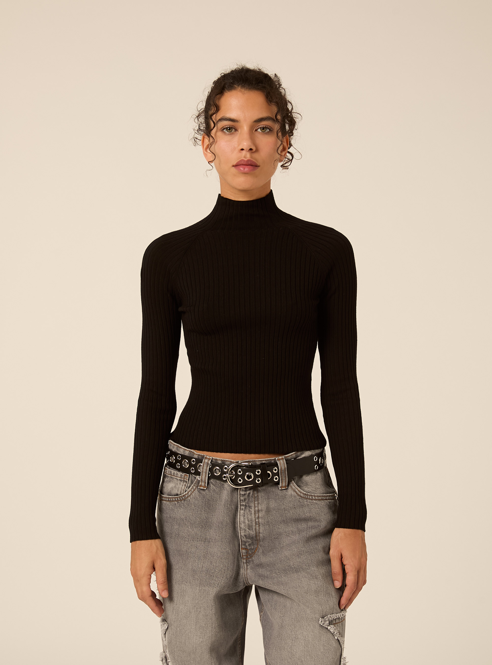 Ribbed mock neck jumper with raglan sleeves, BK1 BLACK