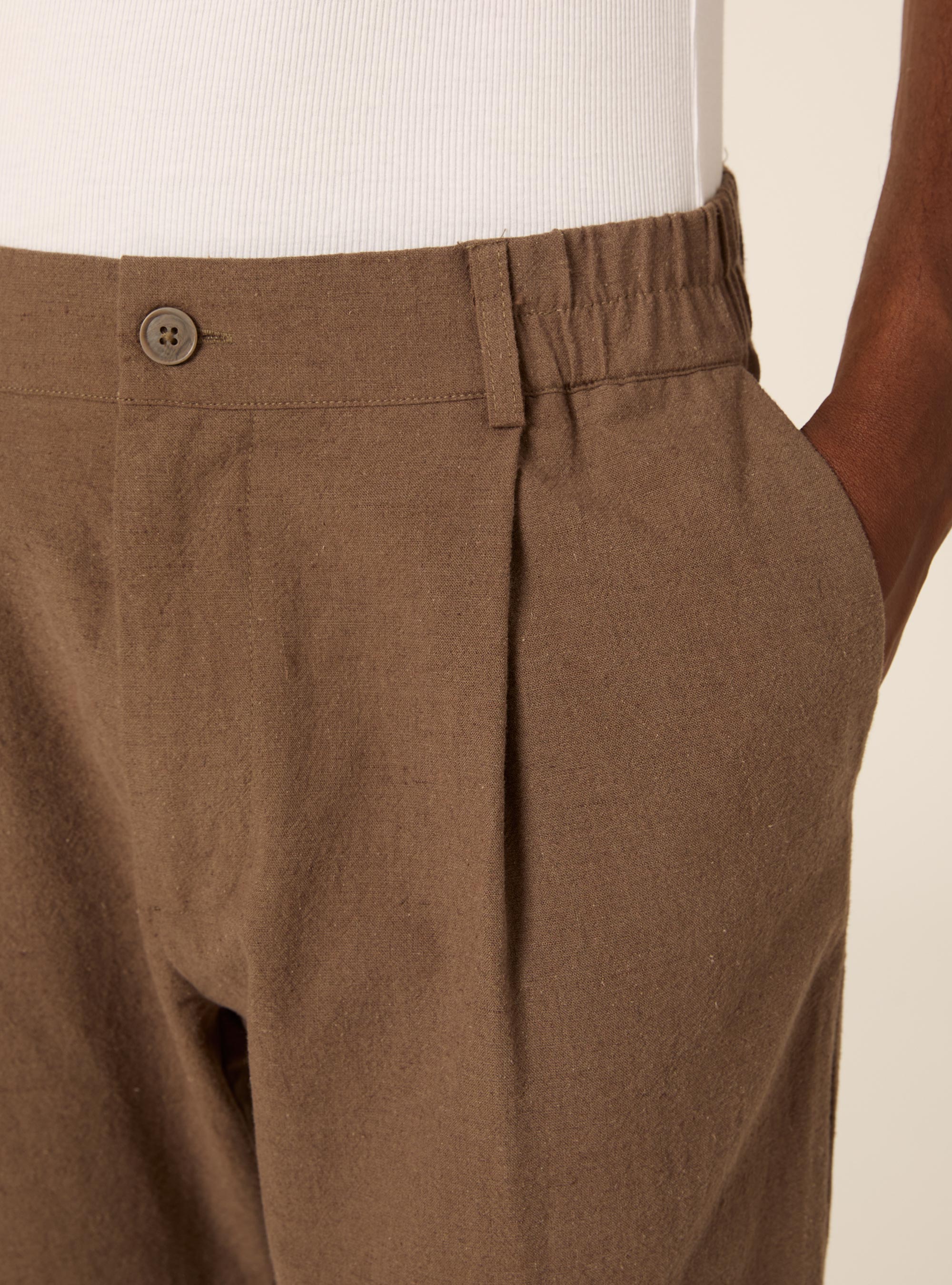 Pantalone con elastico in vita in misto lino, MBR2 BROWN MEL MED