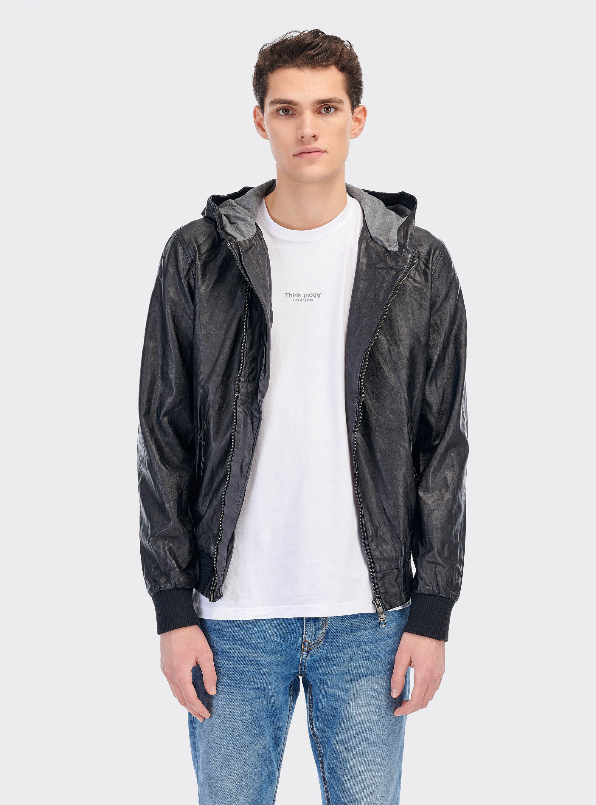 Leather effect jacket with zip, BLACK