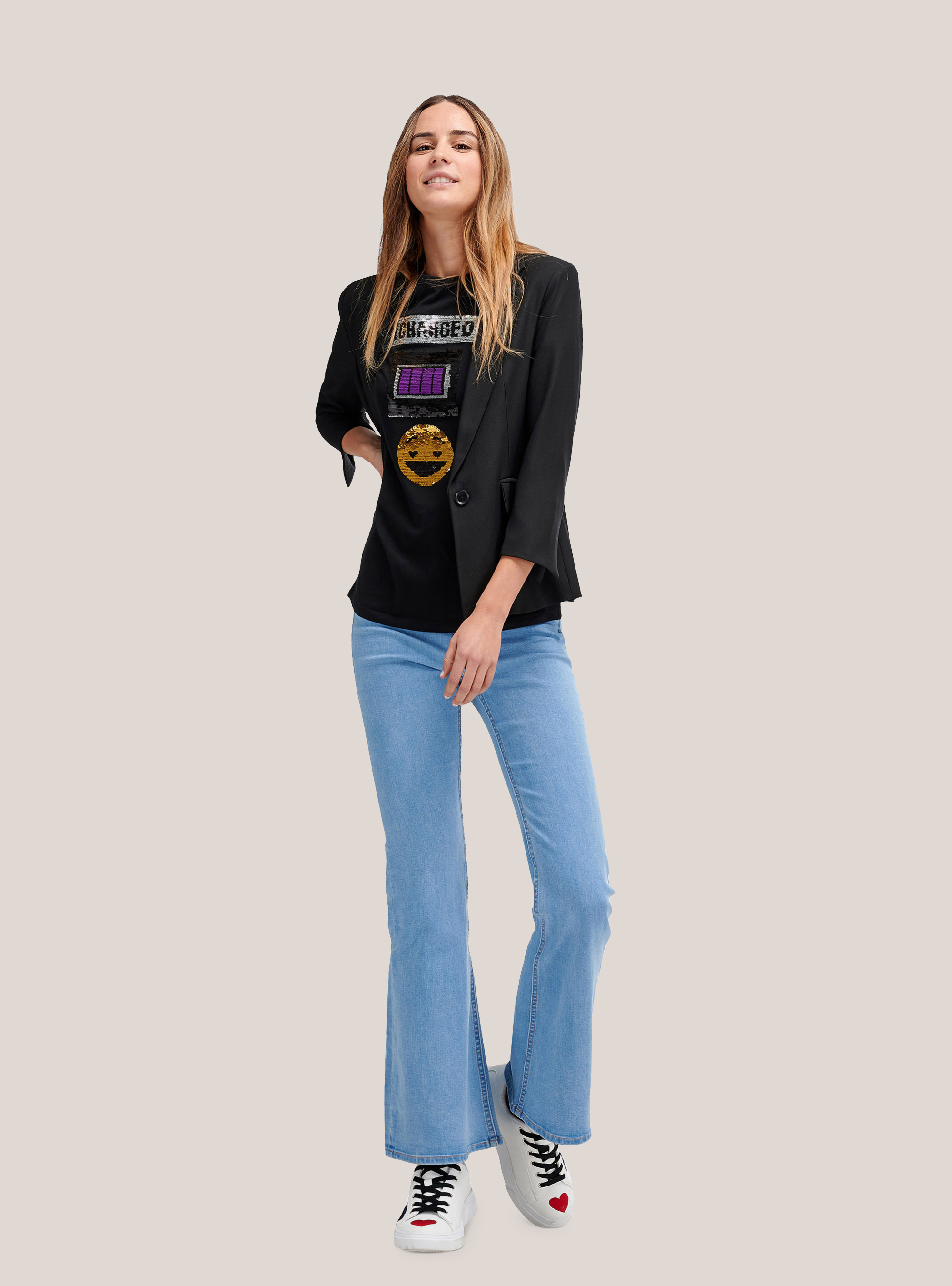 Cotton T-shirt with sequined smiley face, BLACK