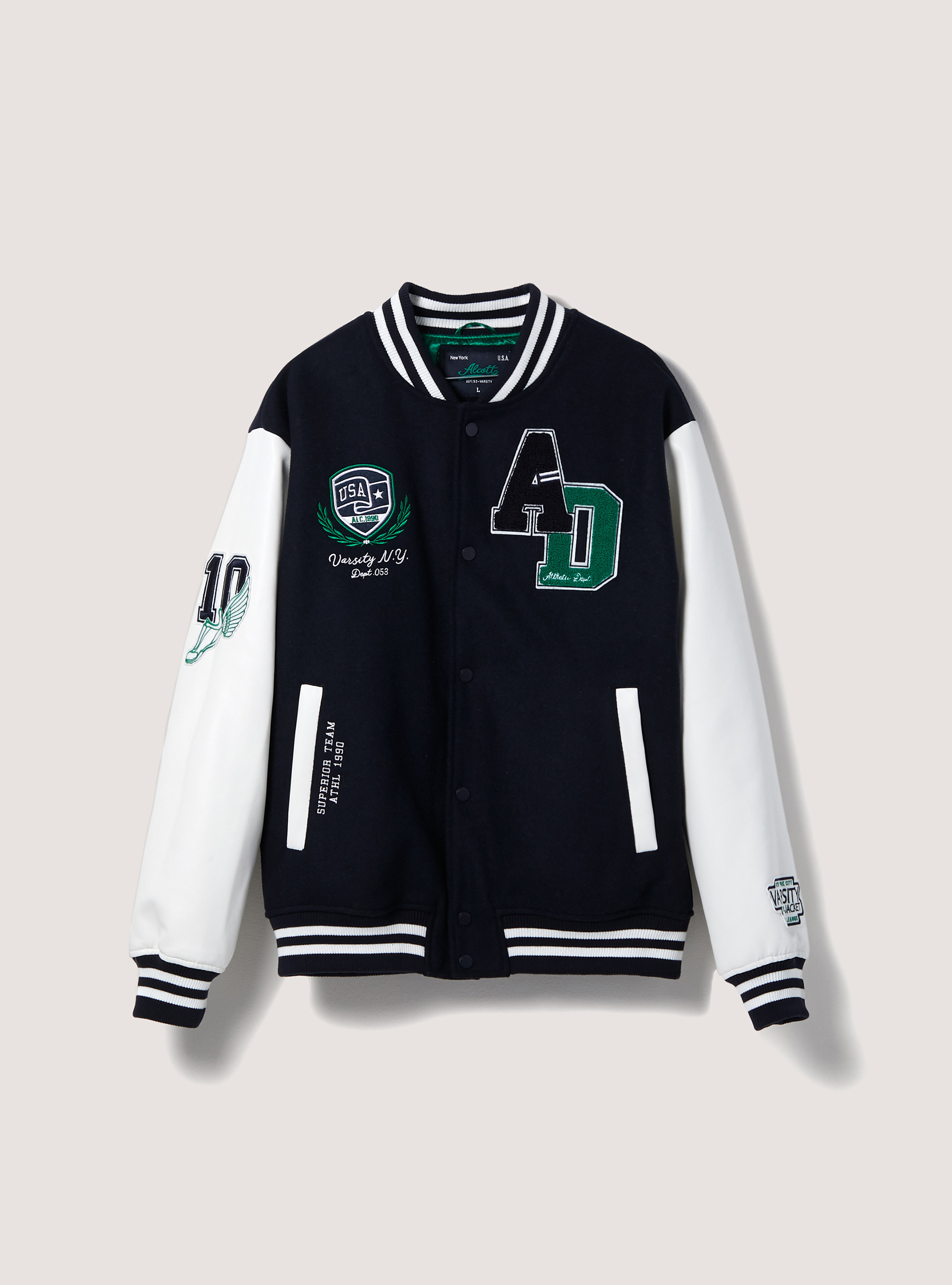 College-style bomber jacket with leather-effect sleeves, NA1 NAVY DARK