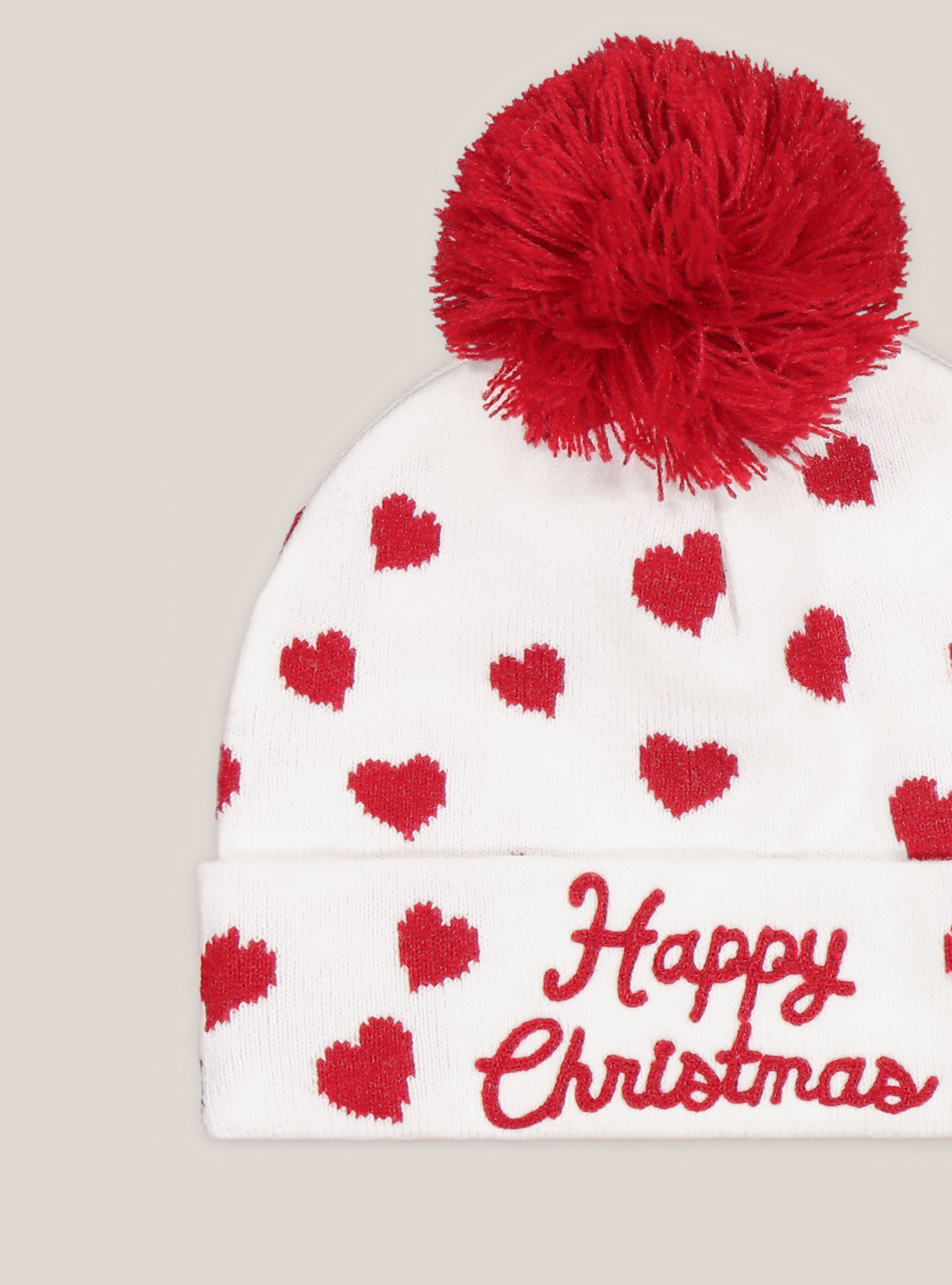 Cappello Merry Christmas con cuori e pon pon, WHITE