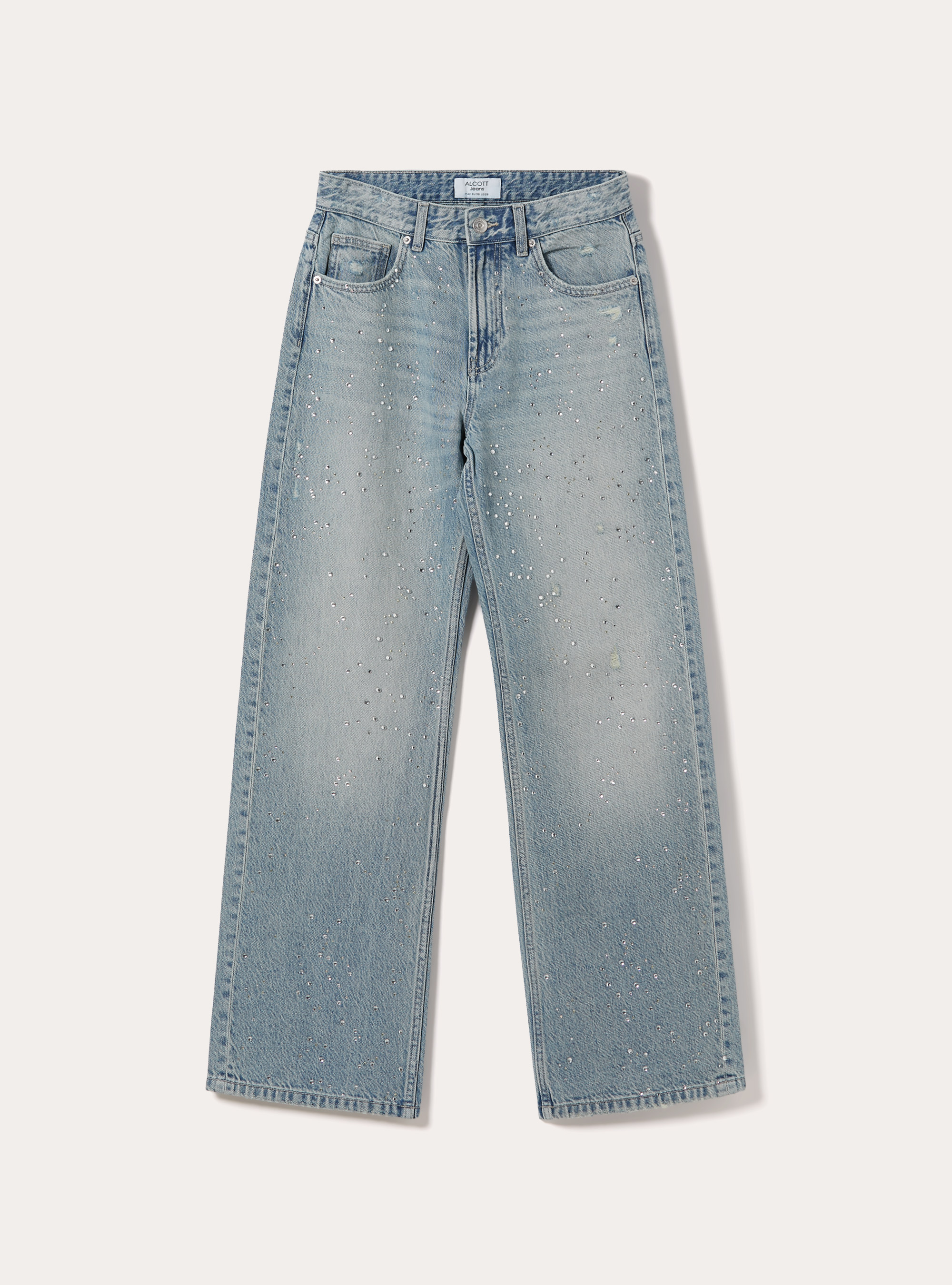 Jeans straight in denim con strass, D006 AZURE