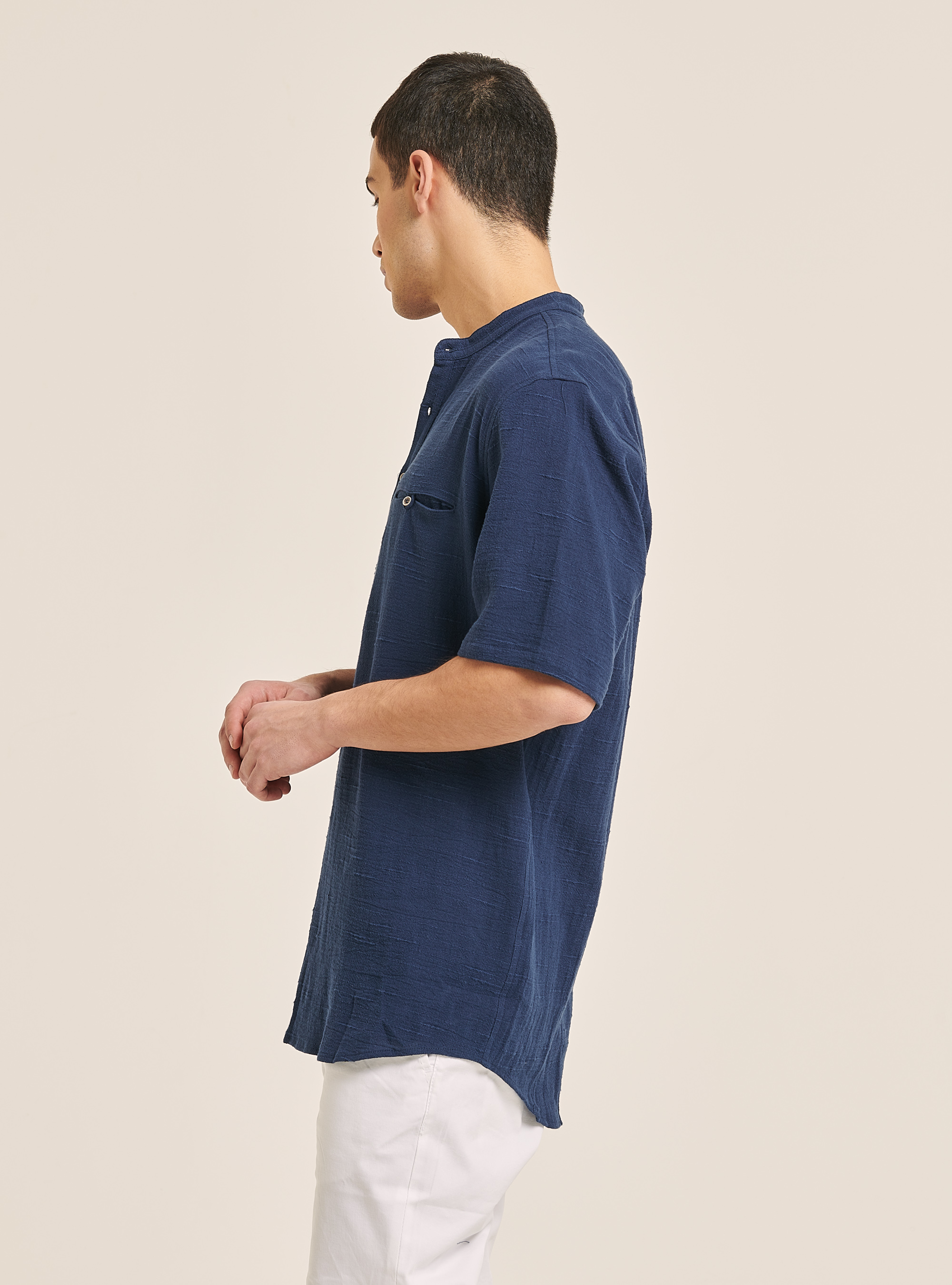 Hemd aus Leinenmischung mit koreanischem Kragen, NA2 NAVY MEDIUM