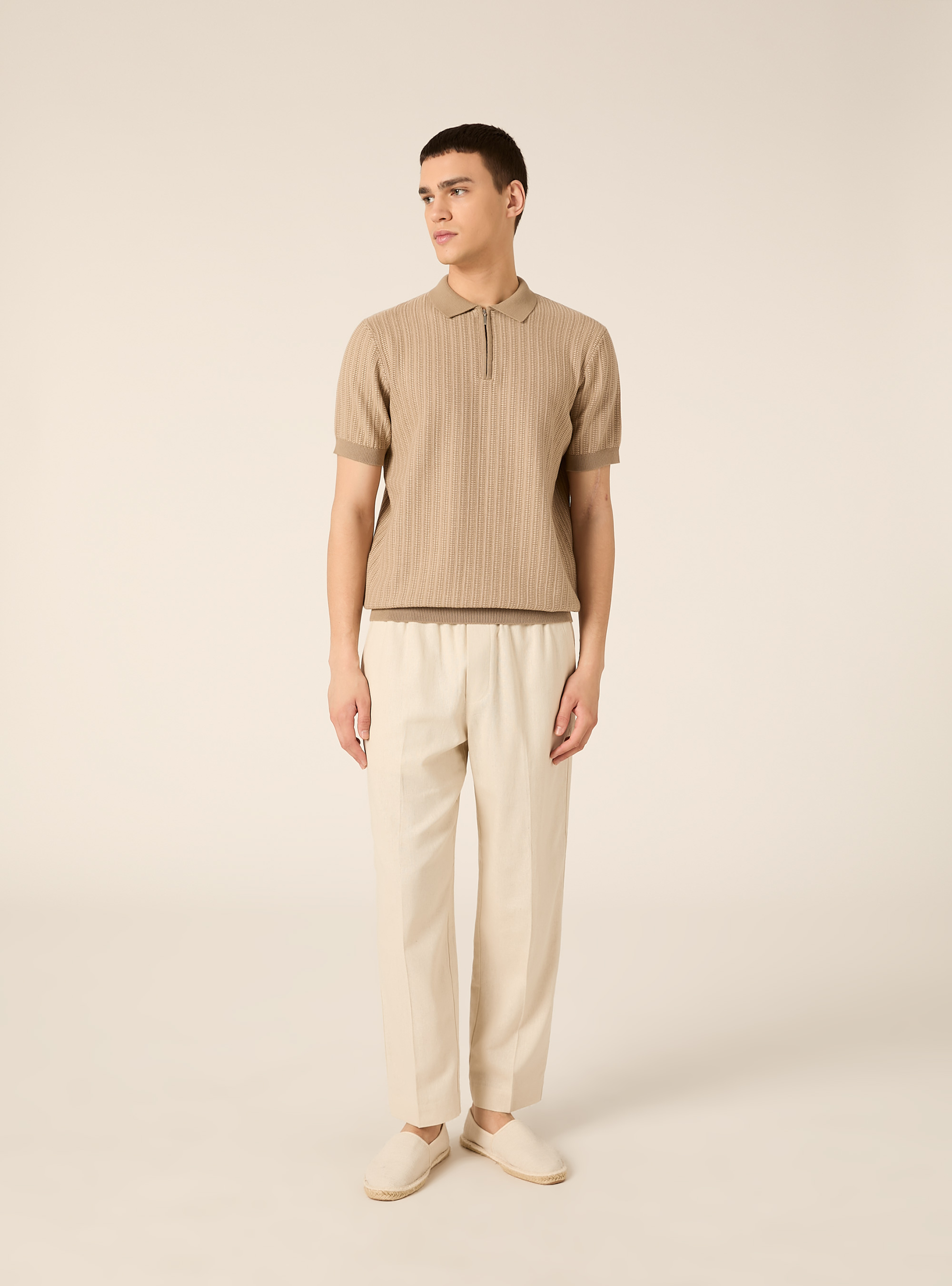Polo in maglia con zip in misto cotone, BG2 BEIGE MEDIUM