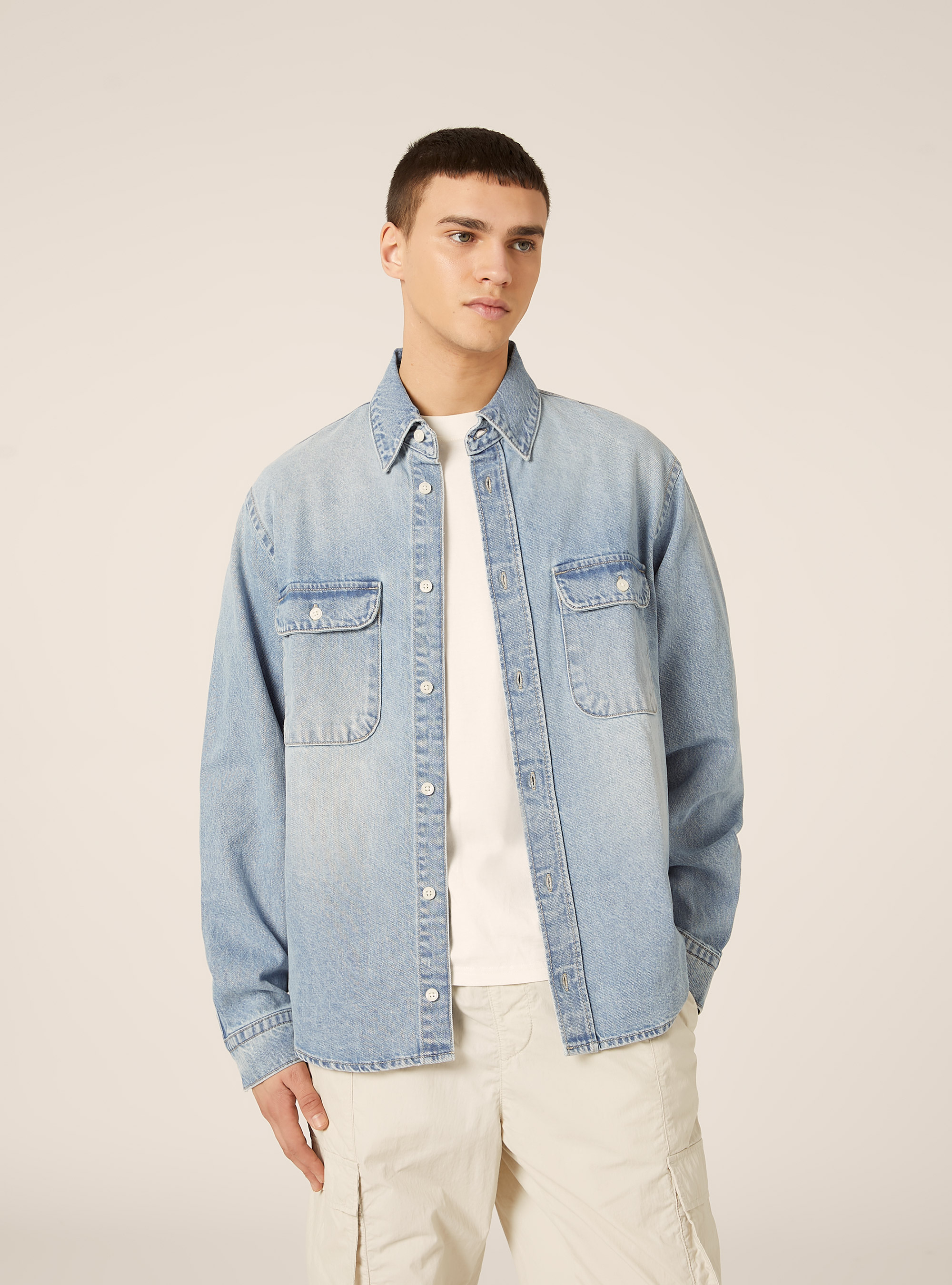 Camicia denim con tasche, D006 AZURE