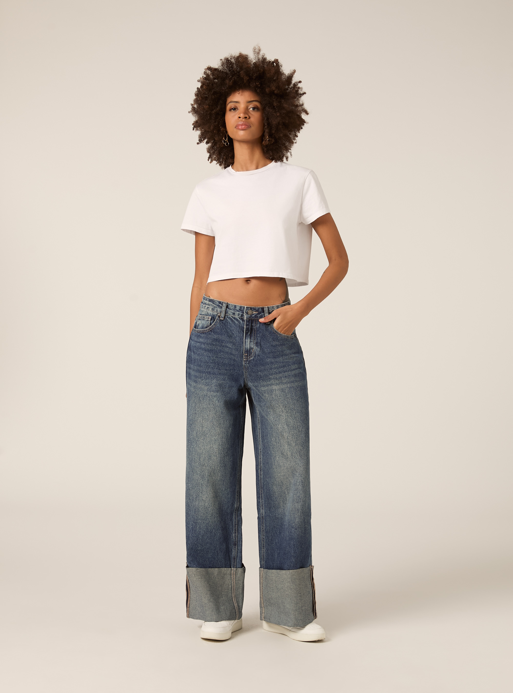 Jeans wide leg con risvolto, D003 MEDIUM BLUE