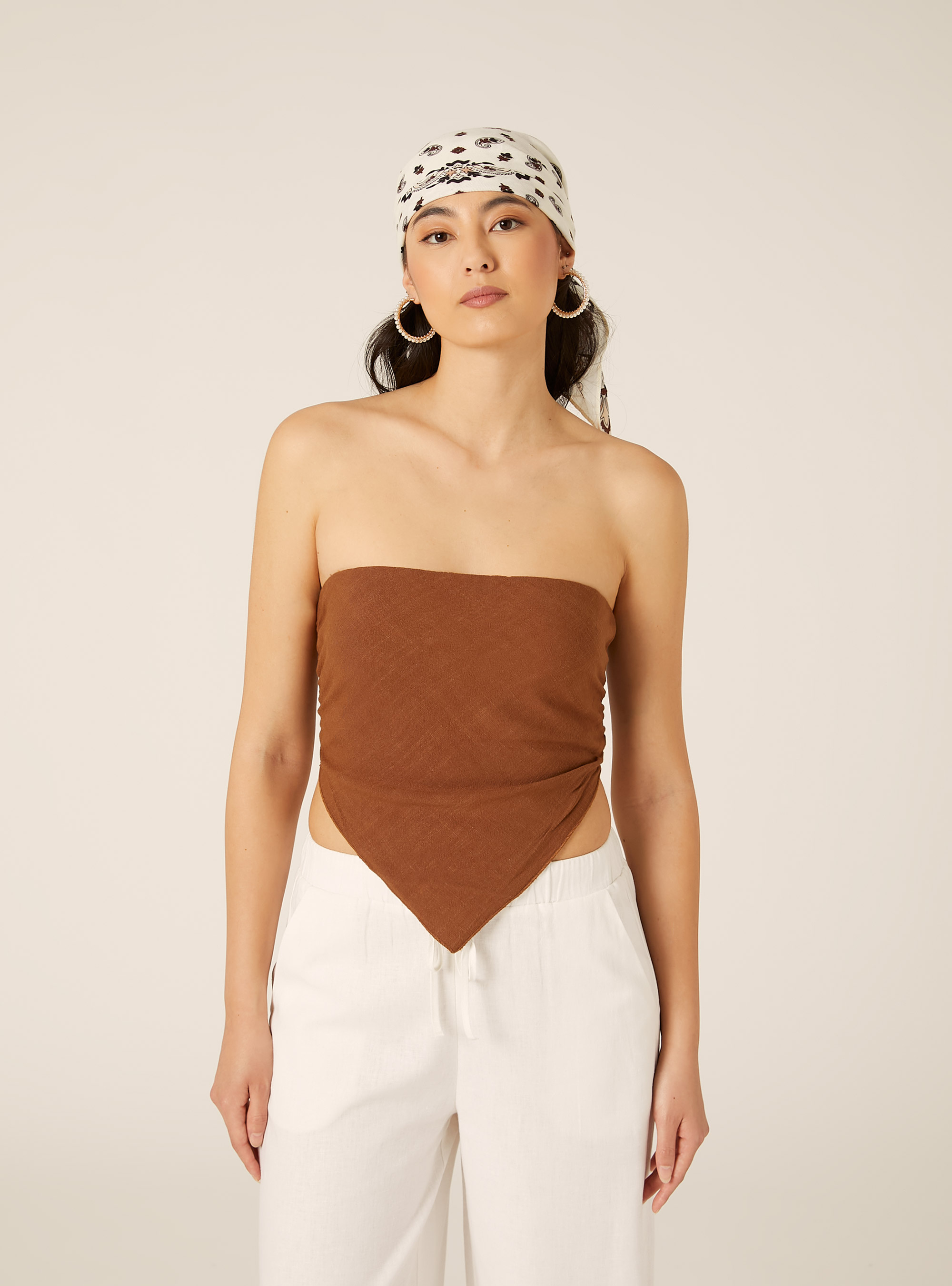 Top a fascia foulard tinta unita in mistolino, TB2 TOBACCO MEDIUM