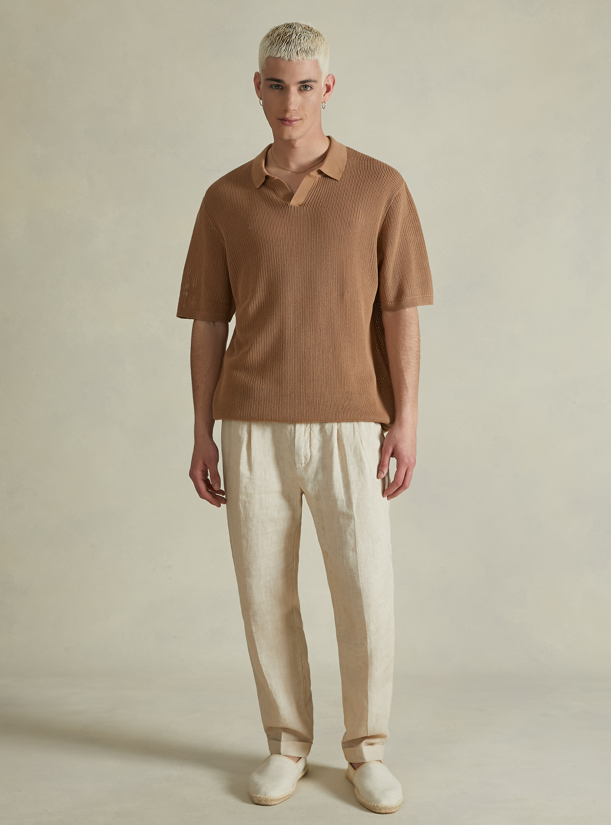 Openwork pullover with polo neck, BG2 BEIGE MEDIUM
