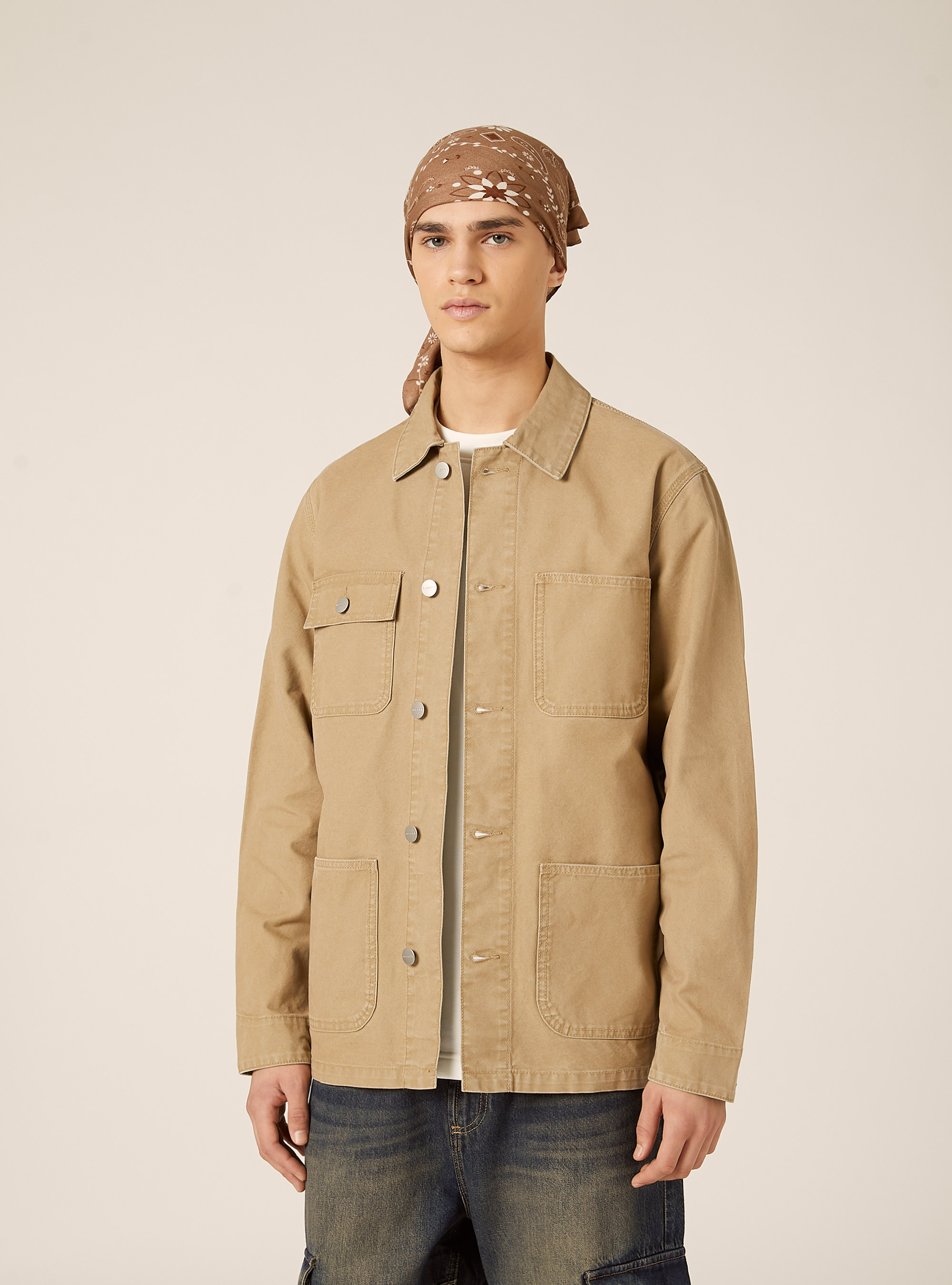 Giacca camicia in canvas tasche a toppa, BG2 BEIGE MEDIUM