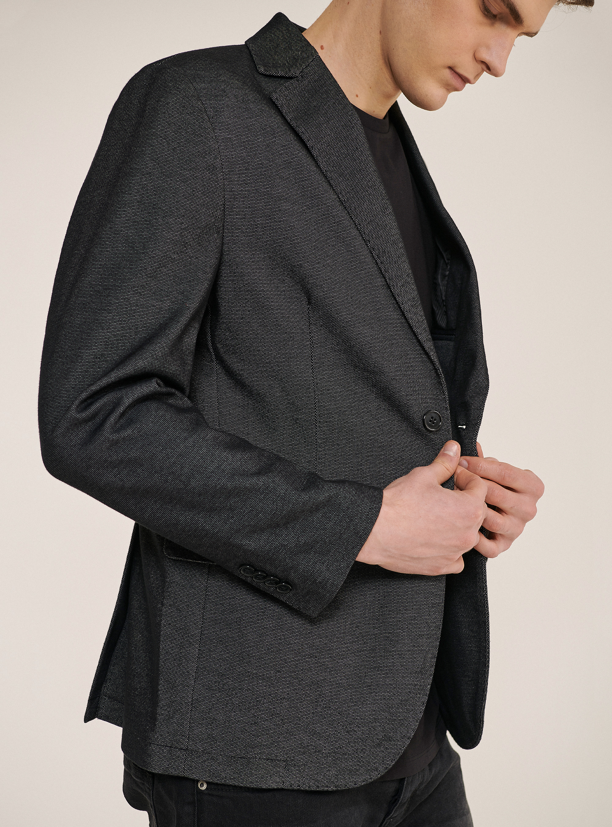 Blazer in cotone piquet, NERO