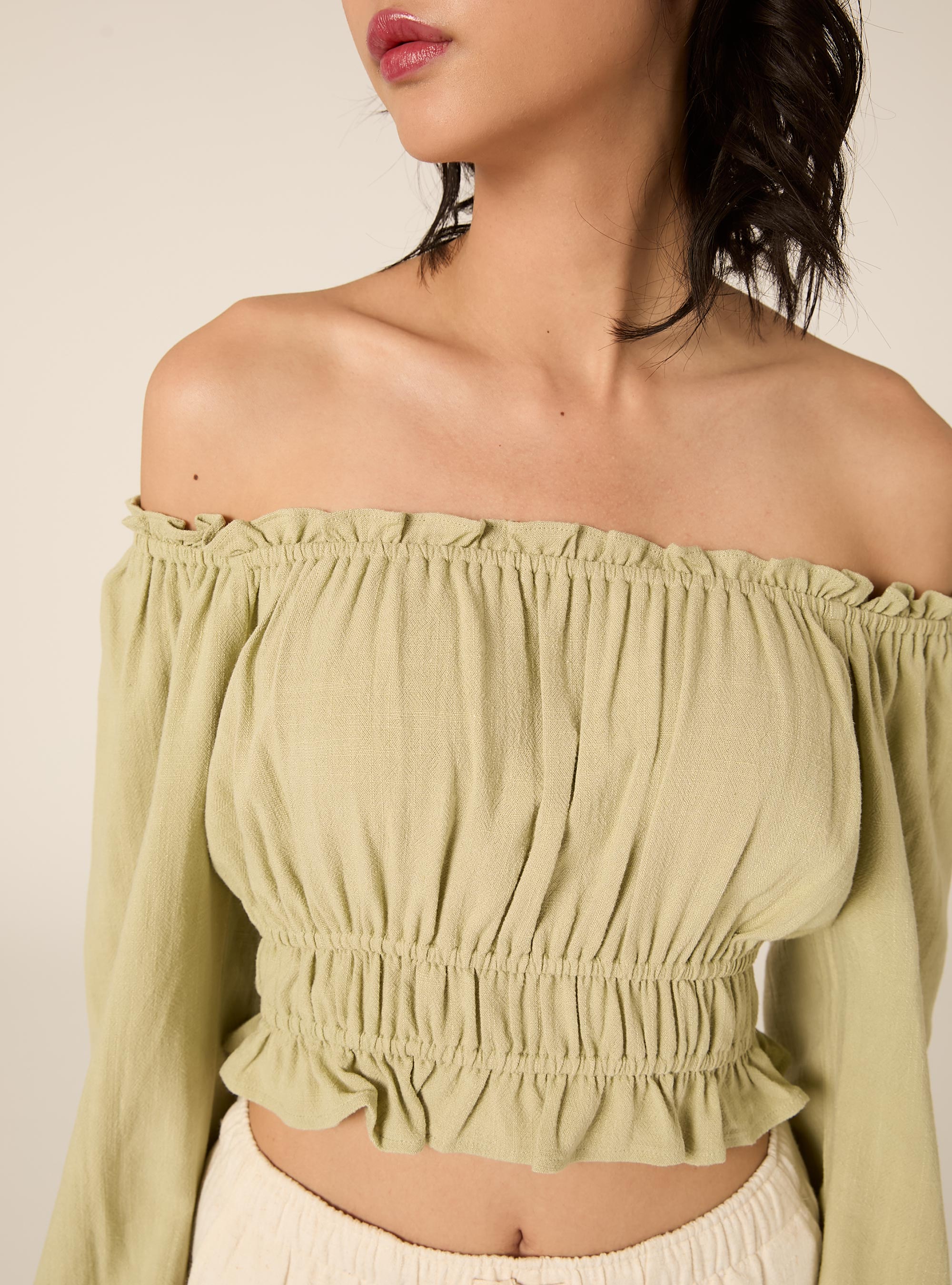 Blusa con spalle scoperte in misto lino, KY3 KAKY LIGHT