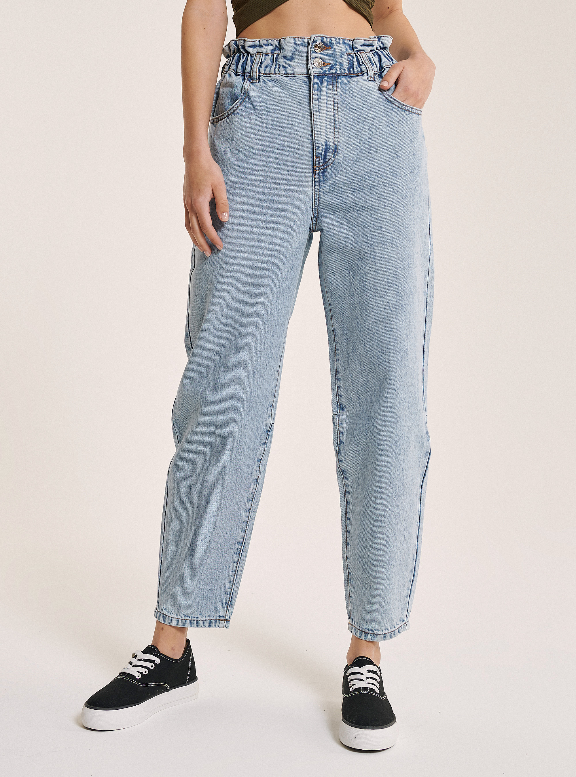 Jeans ballon fit con elastico in vita, BLU