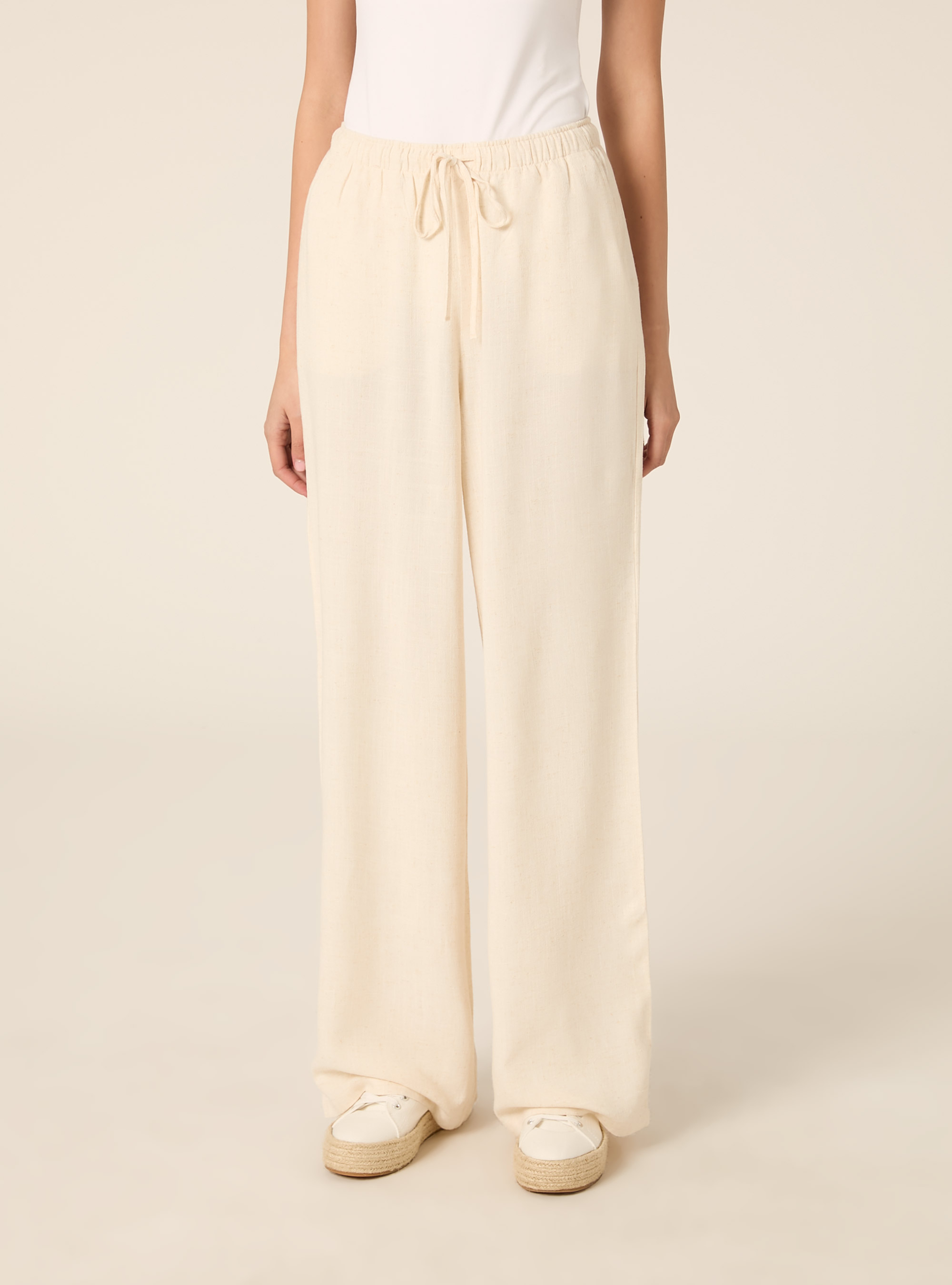 Pantaloni wide leg in misto lino, MBG3 BEIGE MEL LIGHT