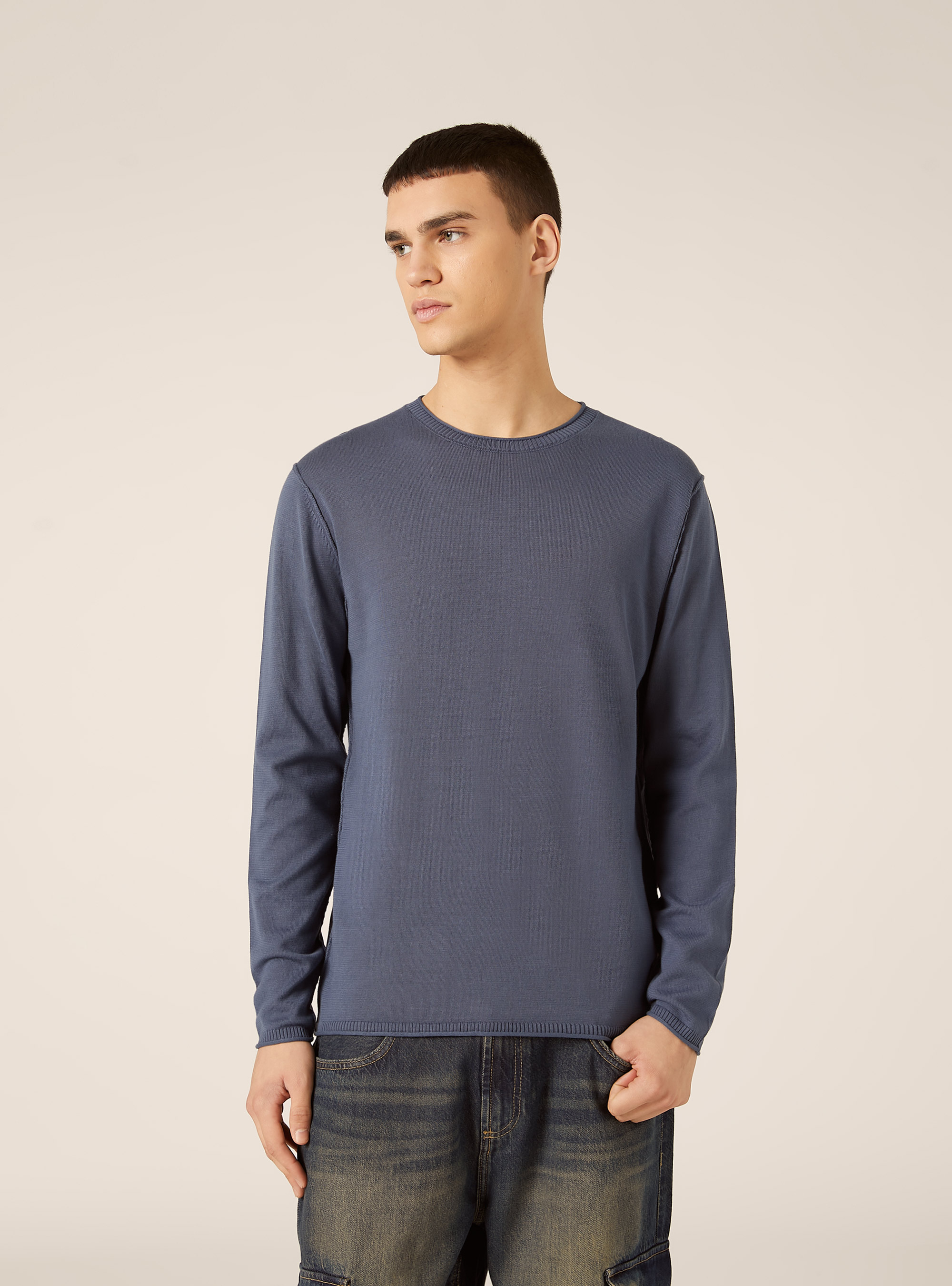 Pullover girocollo in cotone, BL3 BLUE LIGHT