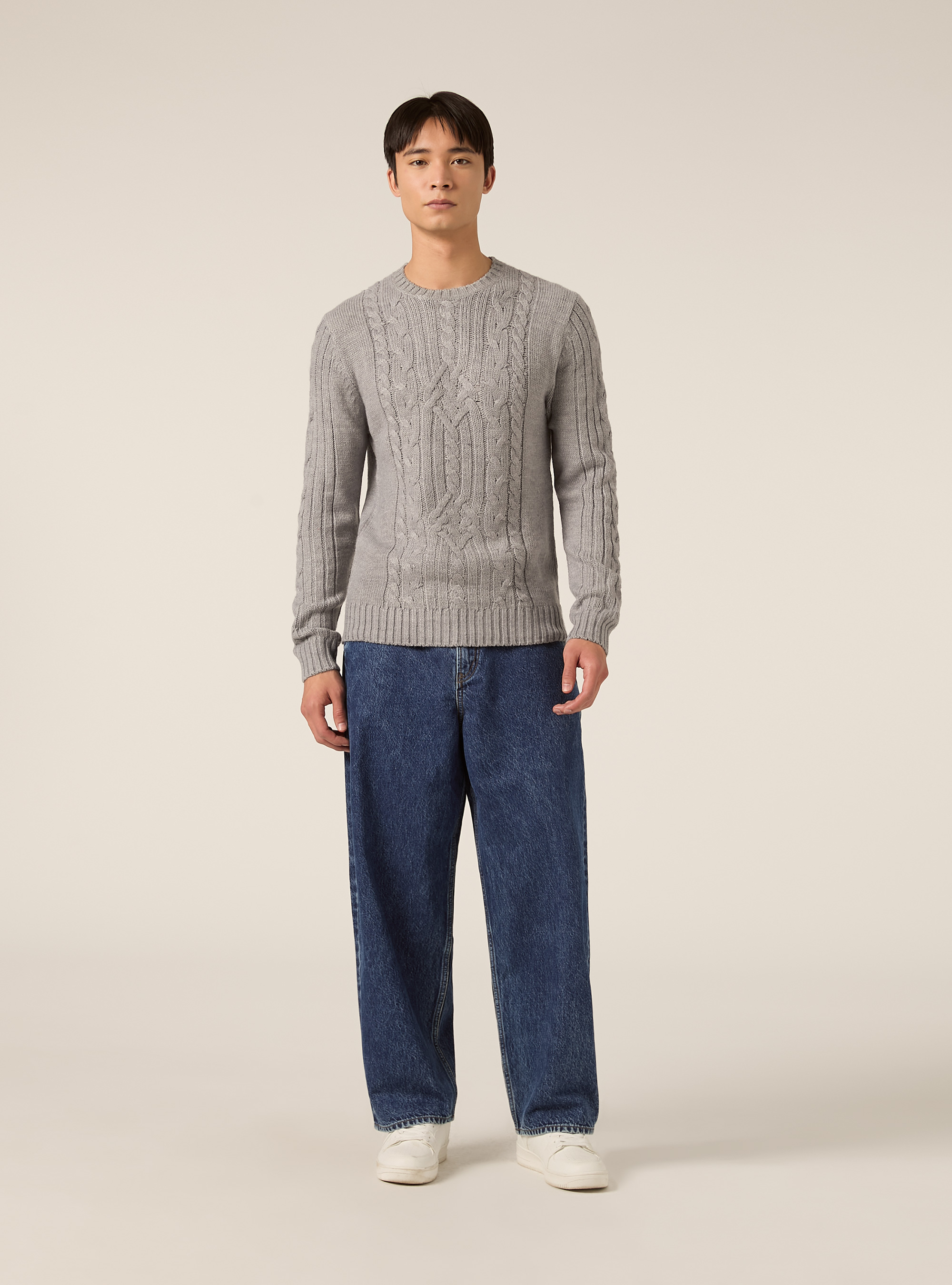 Crew neck jumper with cable knit, MGY3 GREY MEL LIGHT