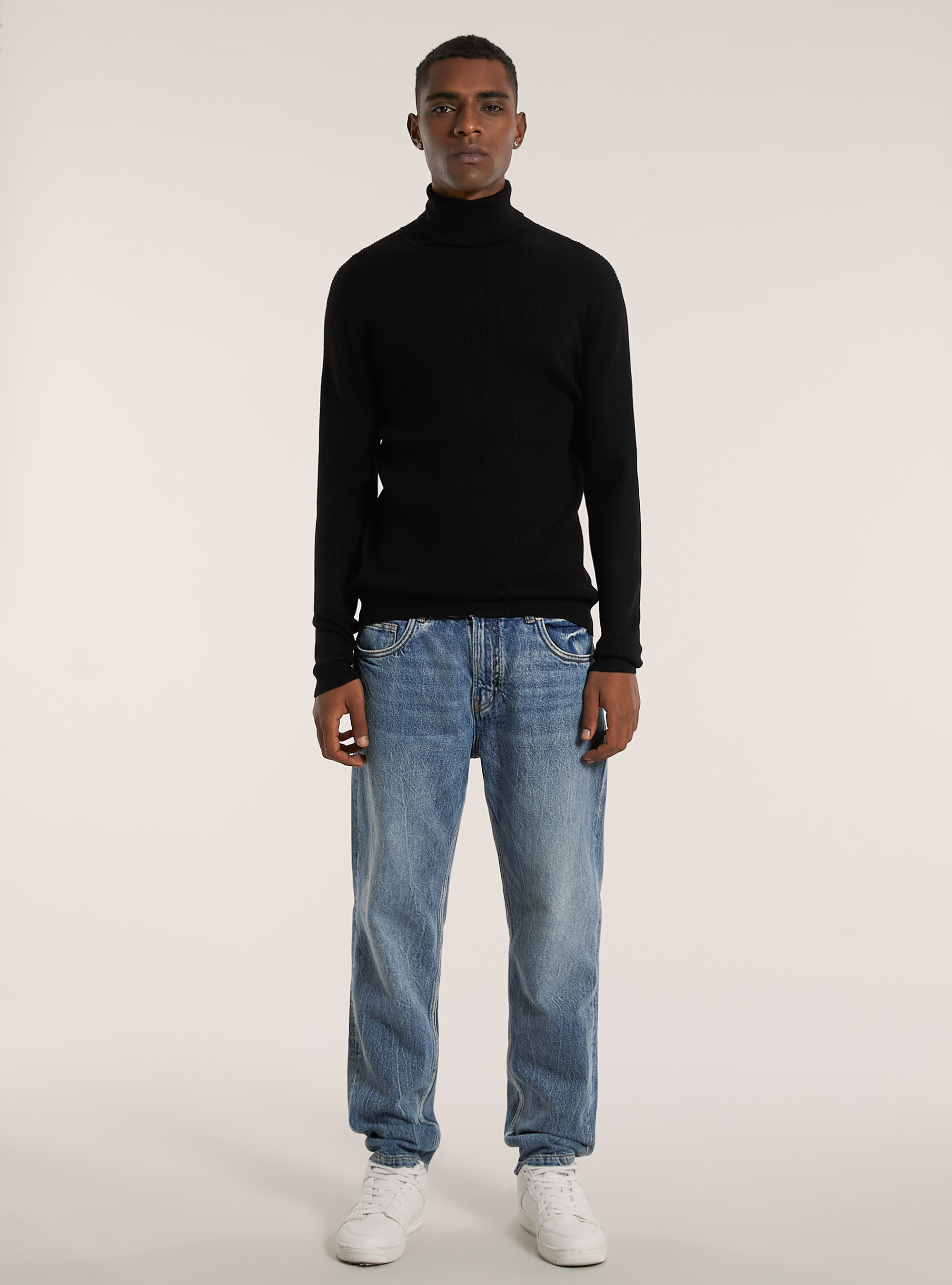 Pullover a collo alto a coste, BK1 BLACK