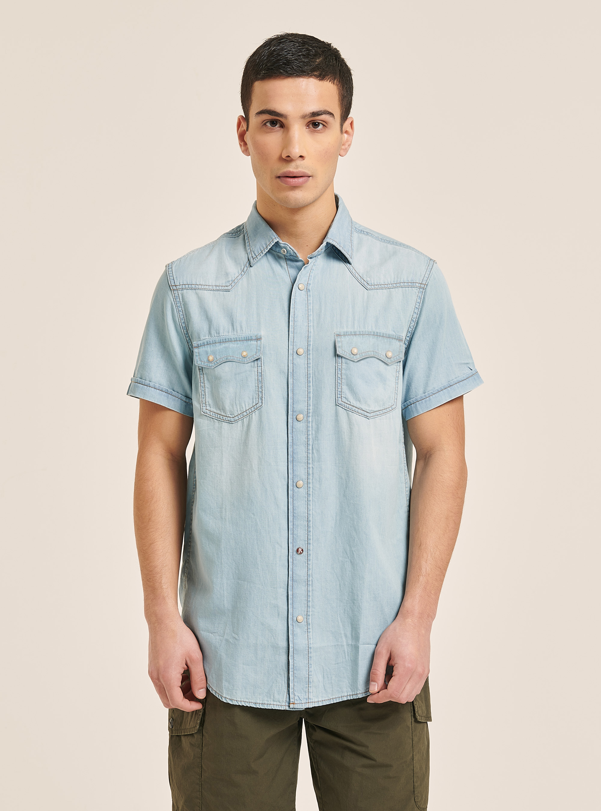 Camicia denim a mezze maniche in cotone, AZZURRO