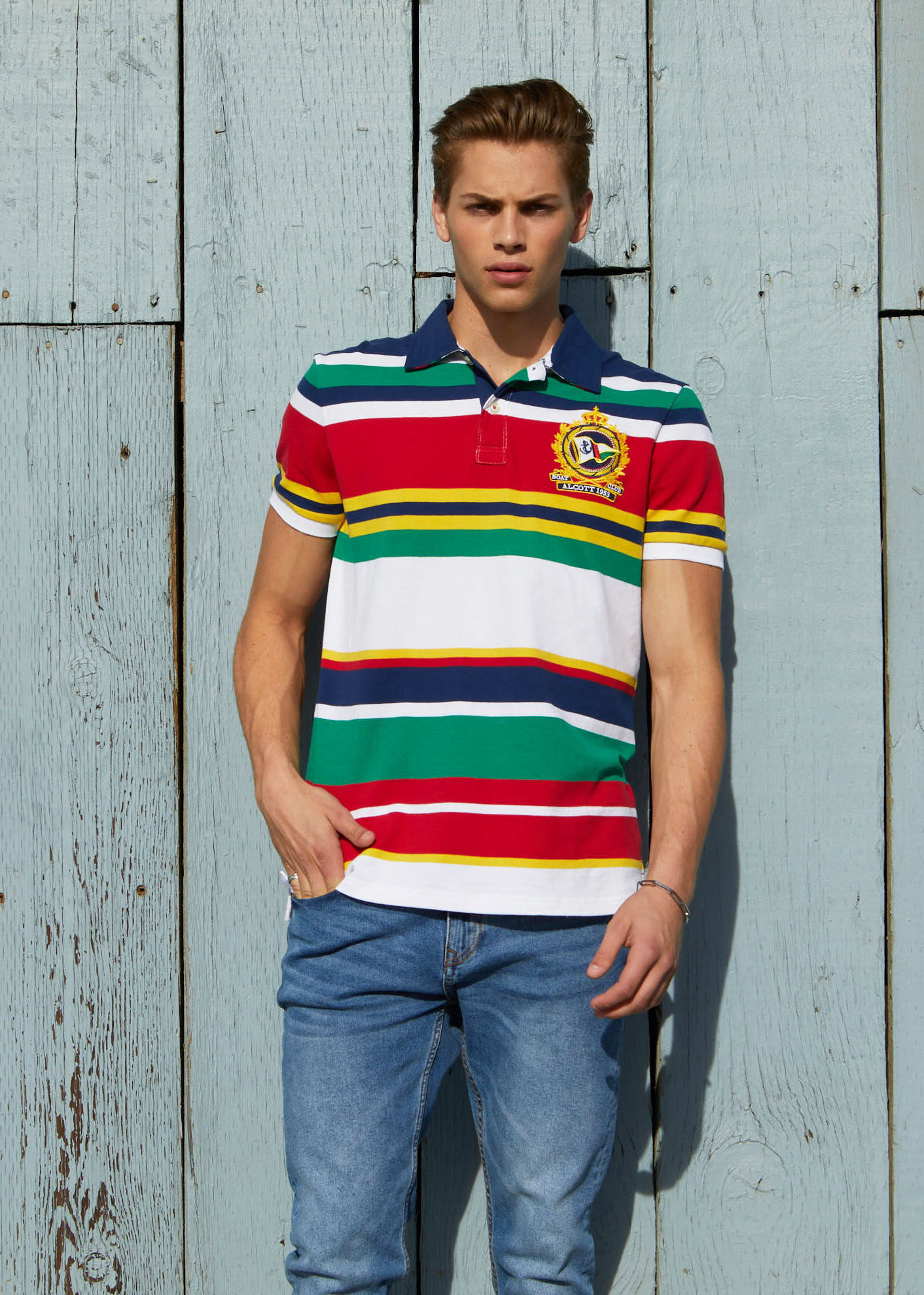 Polo multirayas con bordado, MULTICOLORE
