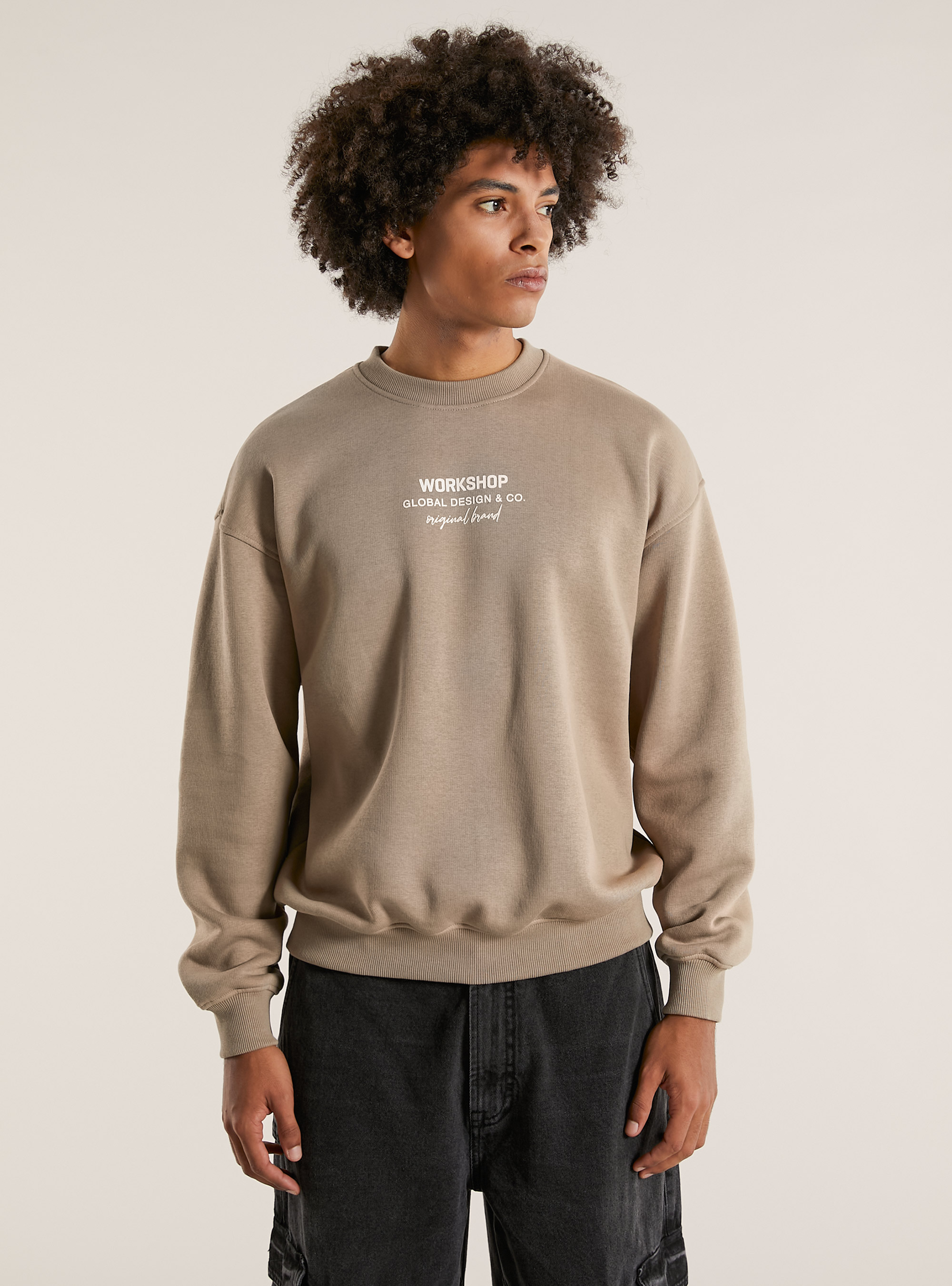 Sudadera boxy fit con estampado Workshop, BG1 BEIGE DARK