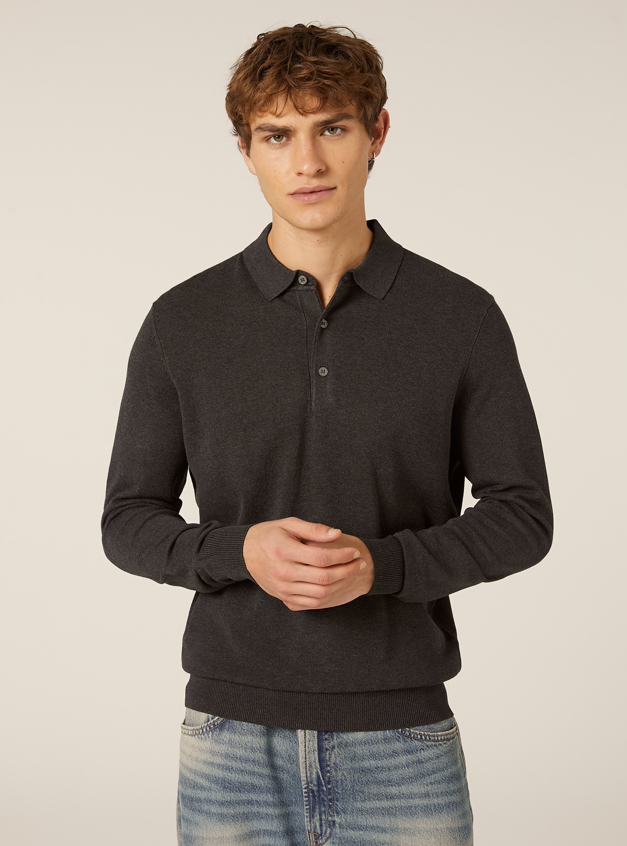 Polo de punto de manga larga, MGY1 GREY MEL DARK