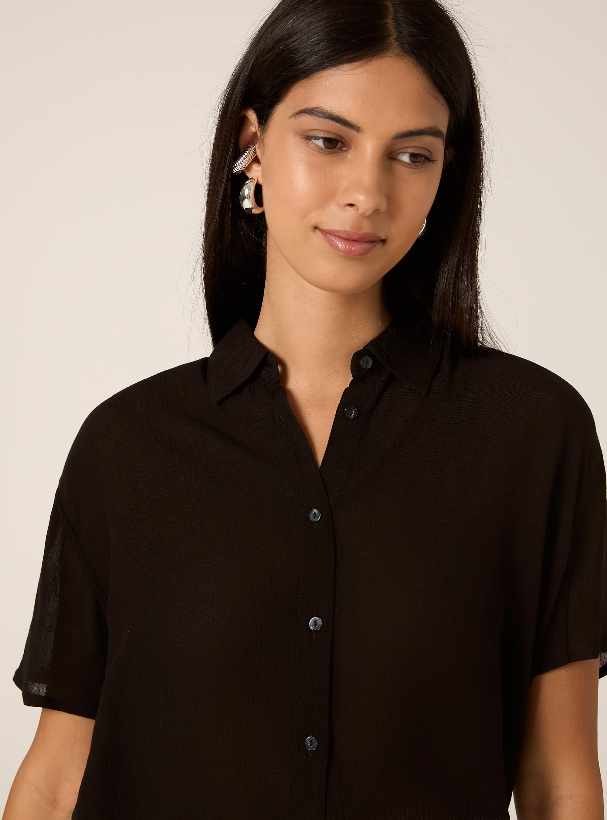 Cropped crepe shirt, BK1 BLACK