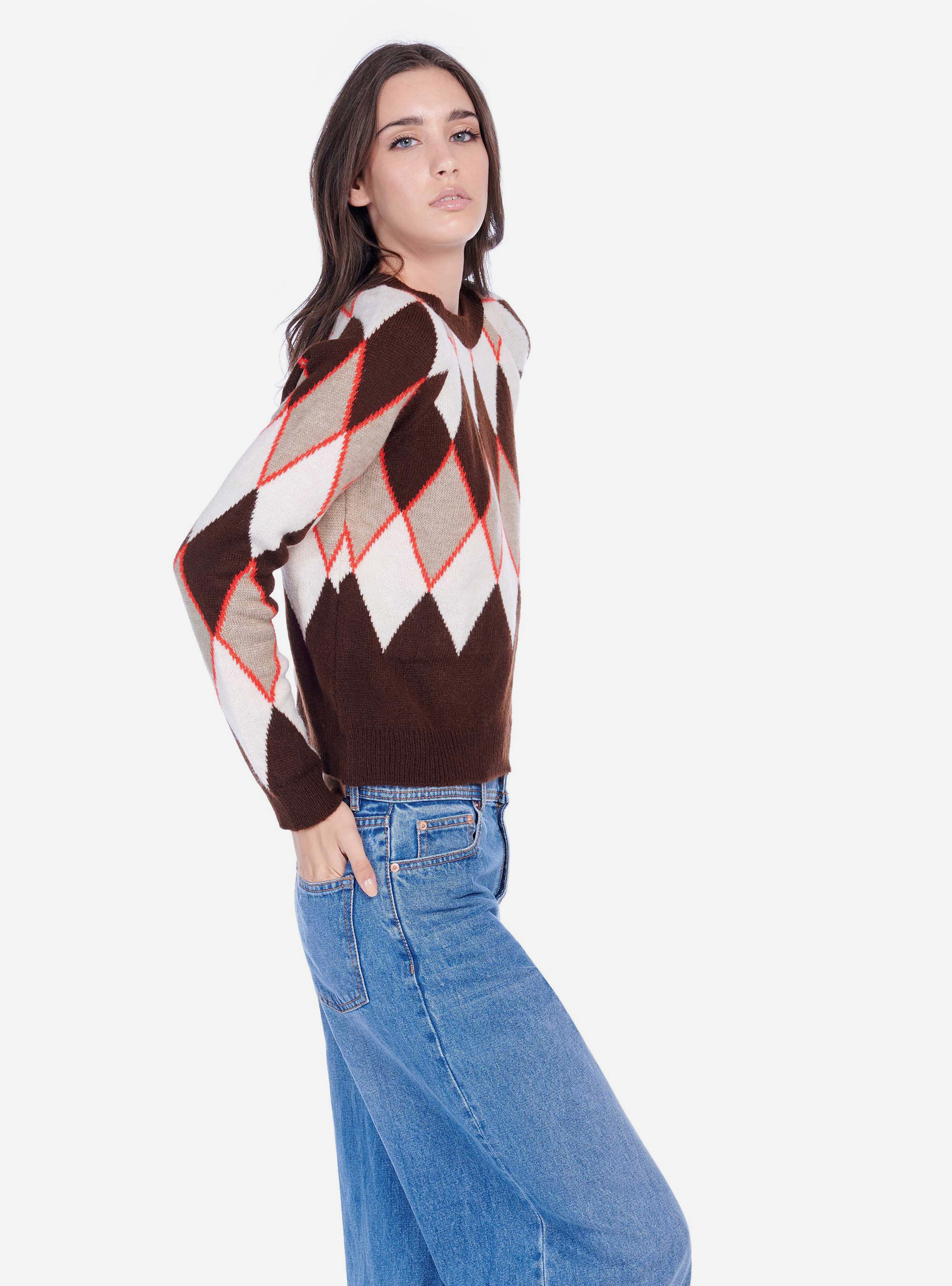 Pull ras du cou à motif losanges, C5538 DARK BROWN